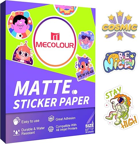 MECOLOUR Papel adhesivo de vinilo imprimible, 30 unidades, color blanco mate, impermeable, 8.5 x 11 pulgadas, para impresora de inyección de tinta e