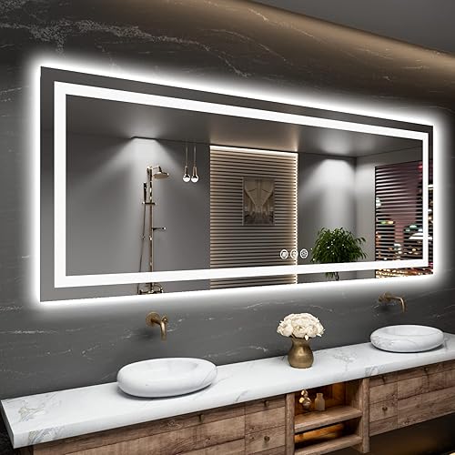 Amorho Espejo LED de 84 x 40 pulgadas para baño con luz delantera y trasera, grandes espejos de pared regulables con antiempañamiento, a prueba de Amorho Espejo LED de 84 x 40 pulgadas para baño con luz delantera y trasera, grandes espejos de pared regulables con antiempañamiento, a prueba de