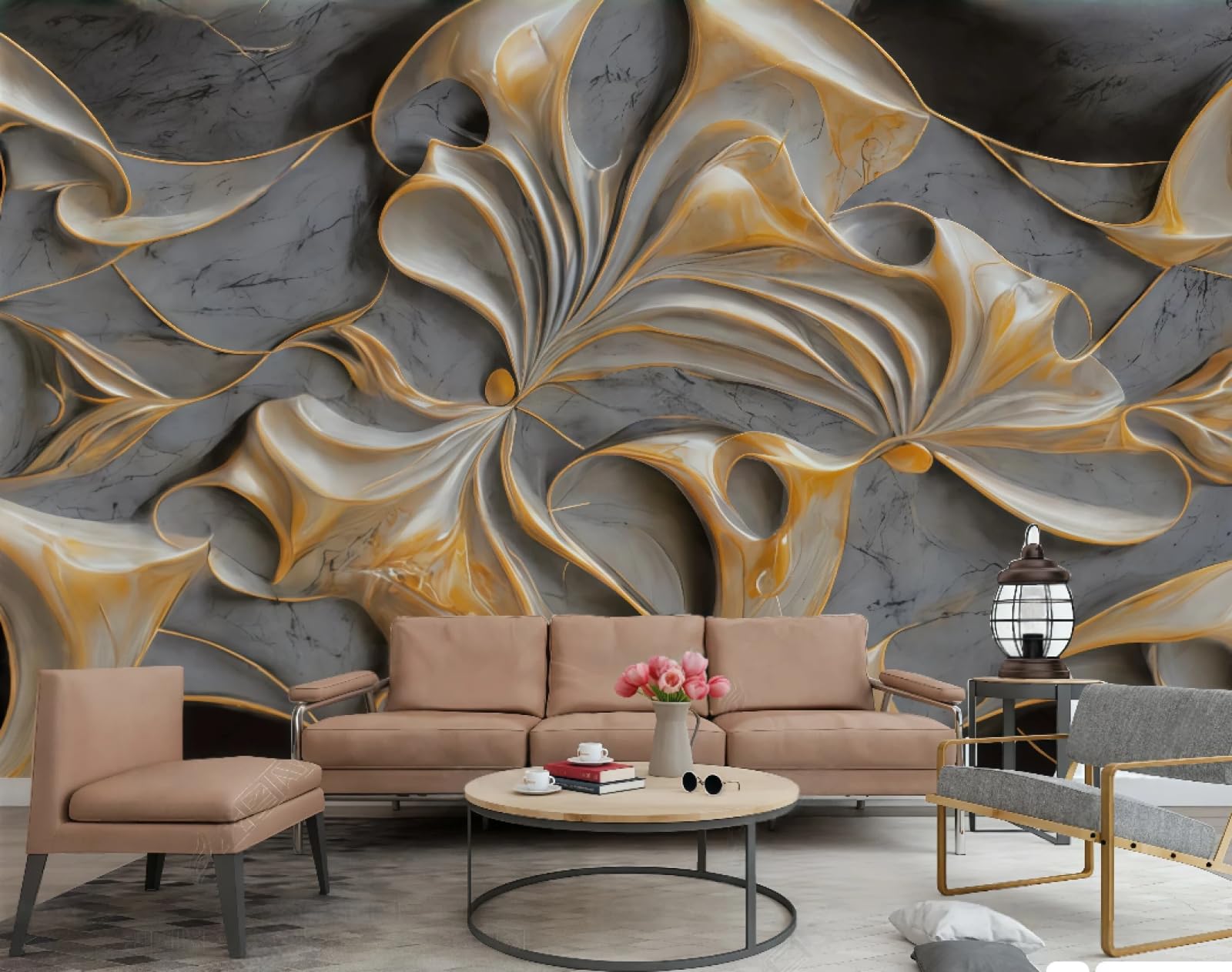 Tapeta nowoczesna minimalistyczna abstrakcyjna miedź kolor relief rzeźba kwiat marmurowy wzór TV sofa tło tapeta ścienna salon restauracja kawiarnia mural, 3D, 150 x 105 cm