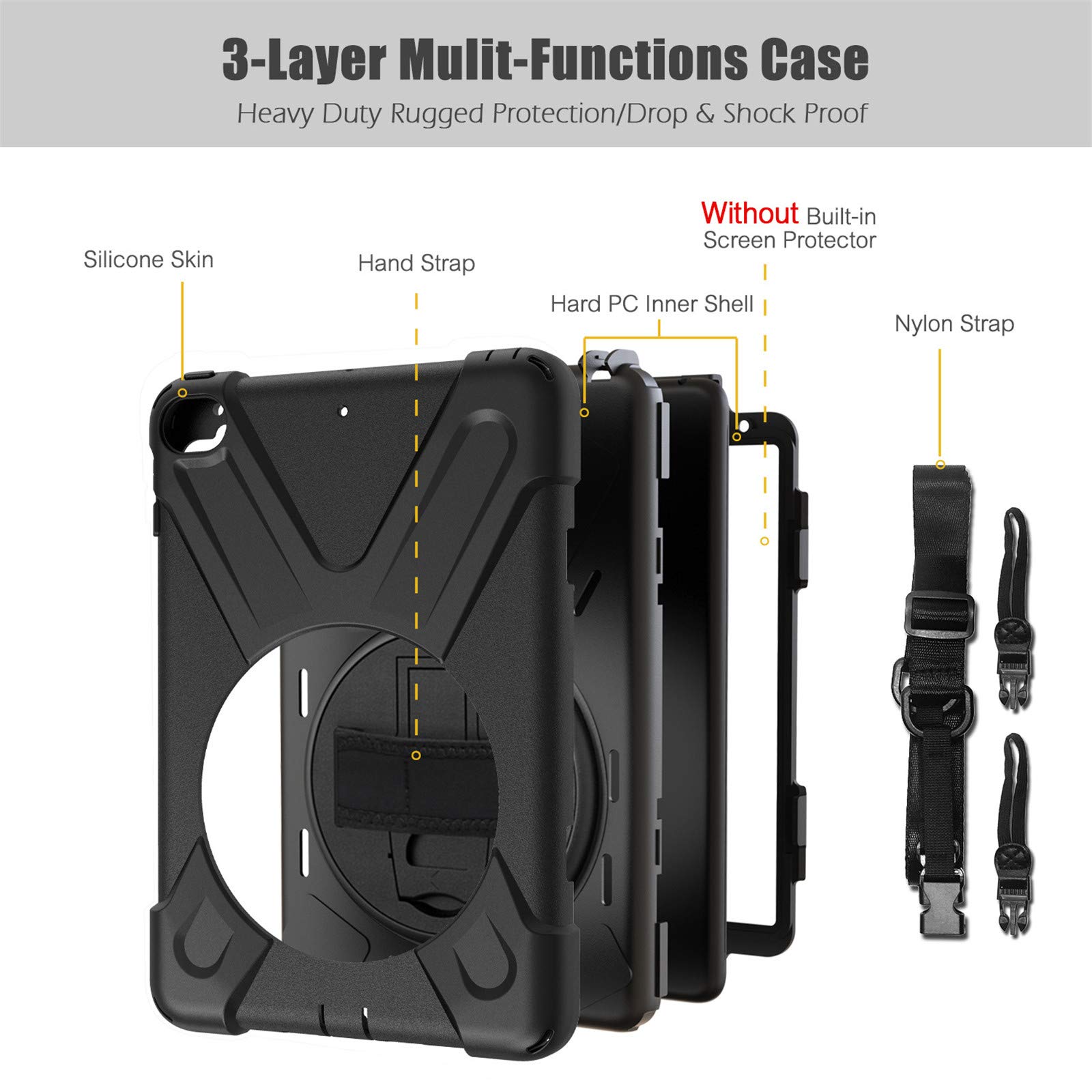 Custodia per iPad Mini 5/Mini 4, Rugged Custodia Robusta Ibrida Antiurto Cover Rigida con Cavalletto Rotante, Cinturino a Mano e Tracolla,Black