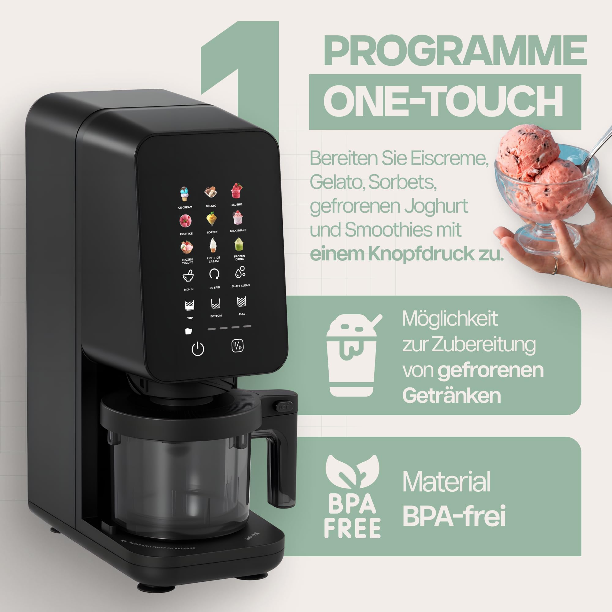 4Swiss Eismaschine Softeismaschine Ice Cream Maker Speiseeismaschine Eismaker für Slush Frozen Yogurt Gelato Sorbet Milchshake Maschine Eisbereiter Slushie One-Touch MIX-IN Keto Schwarz - IB026
