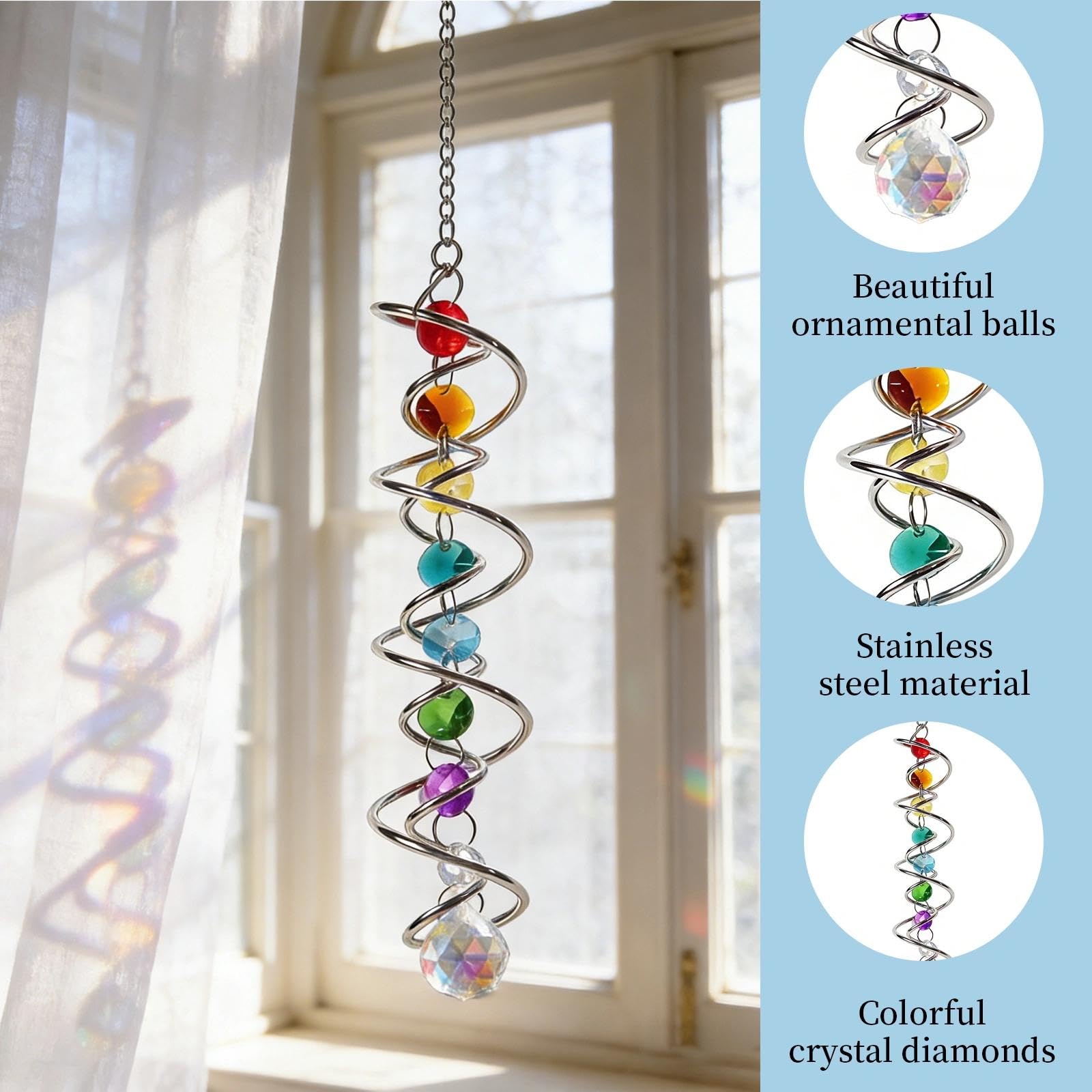 Atrapasoles Cristal con Doble Espiral, Atrapasol Suncatcher Colgante Campana de Viento Decorativa con Siete Perlas de Chakra y Bola de Cristal para Ventana Jardín Boda 45 CM
