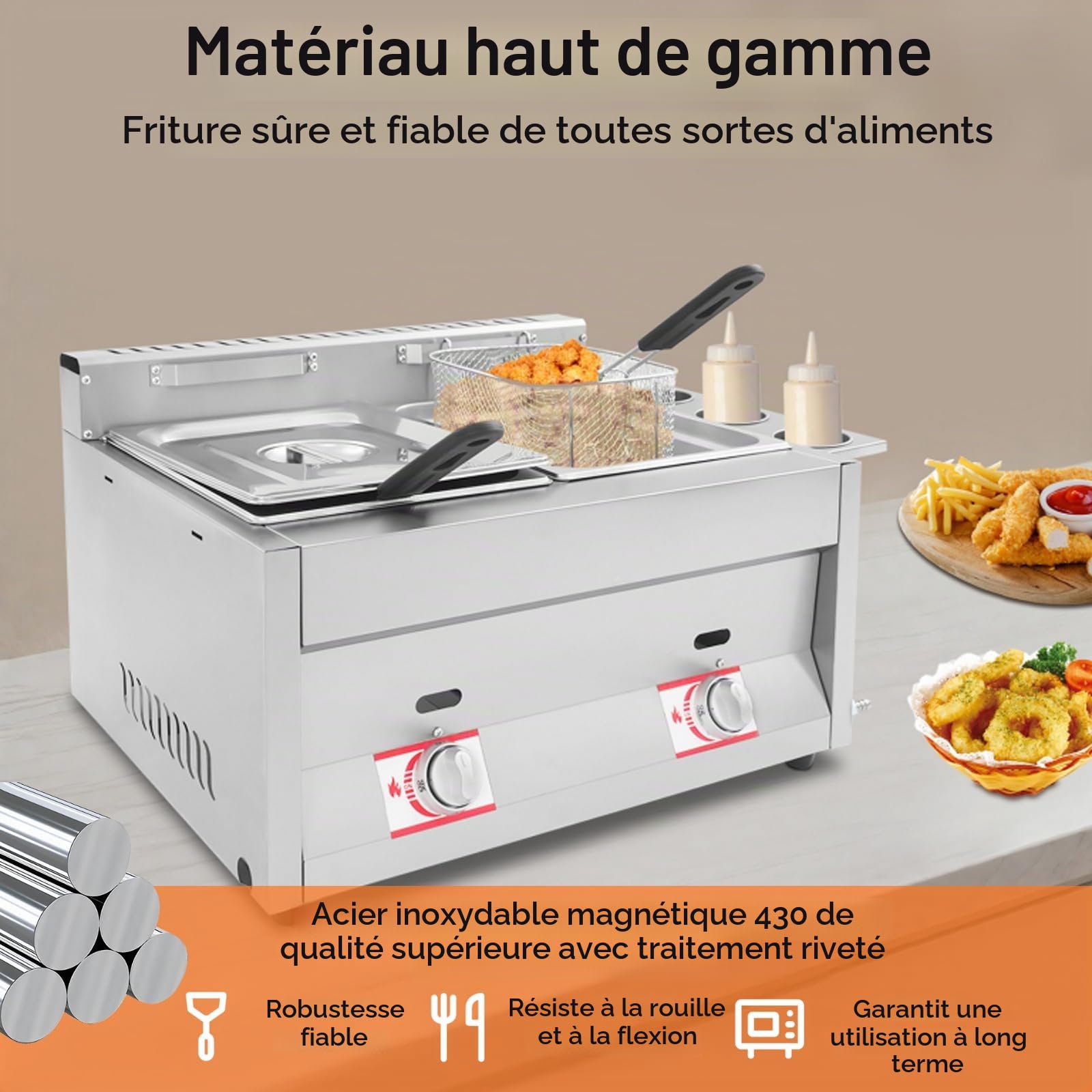 Friteuse à gaz double avec 2 paniers, 2 x 6 l friteuse à gaz professionnelle, plage de température 50-380°C, friteuse à gaz avec 3 gobelets à épices pour les ménages, les restaurants, les