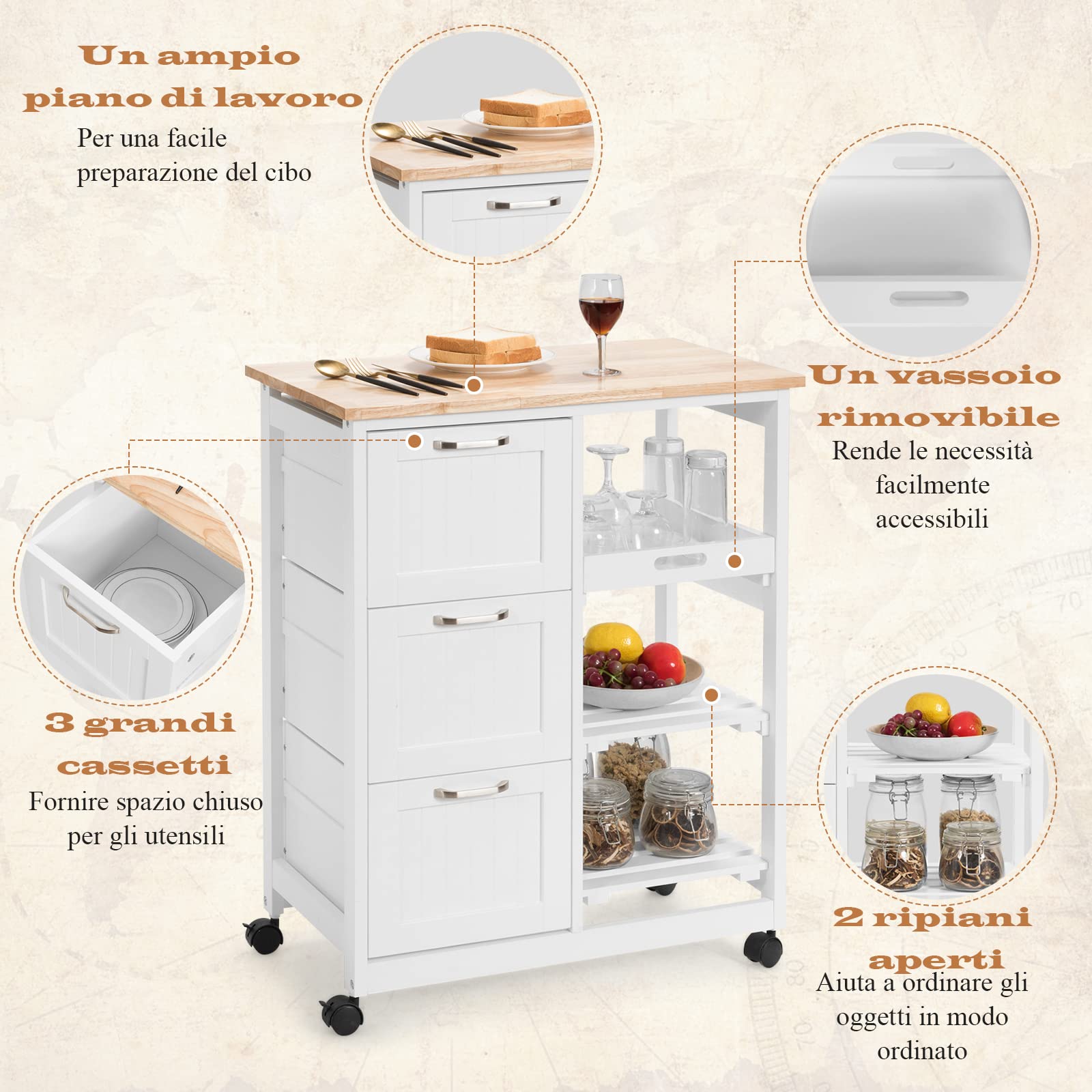 RELAX4LIFE Carrello da Cucina con Ruote Girevoli, Credenza Portaoggetti in Legno Robusto con 3 Cassetti e 3 Ripiani, Carrello di Servizio Pratico e Salvaspazio per Sala da Pranzo (Bianco)