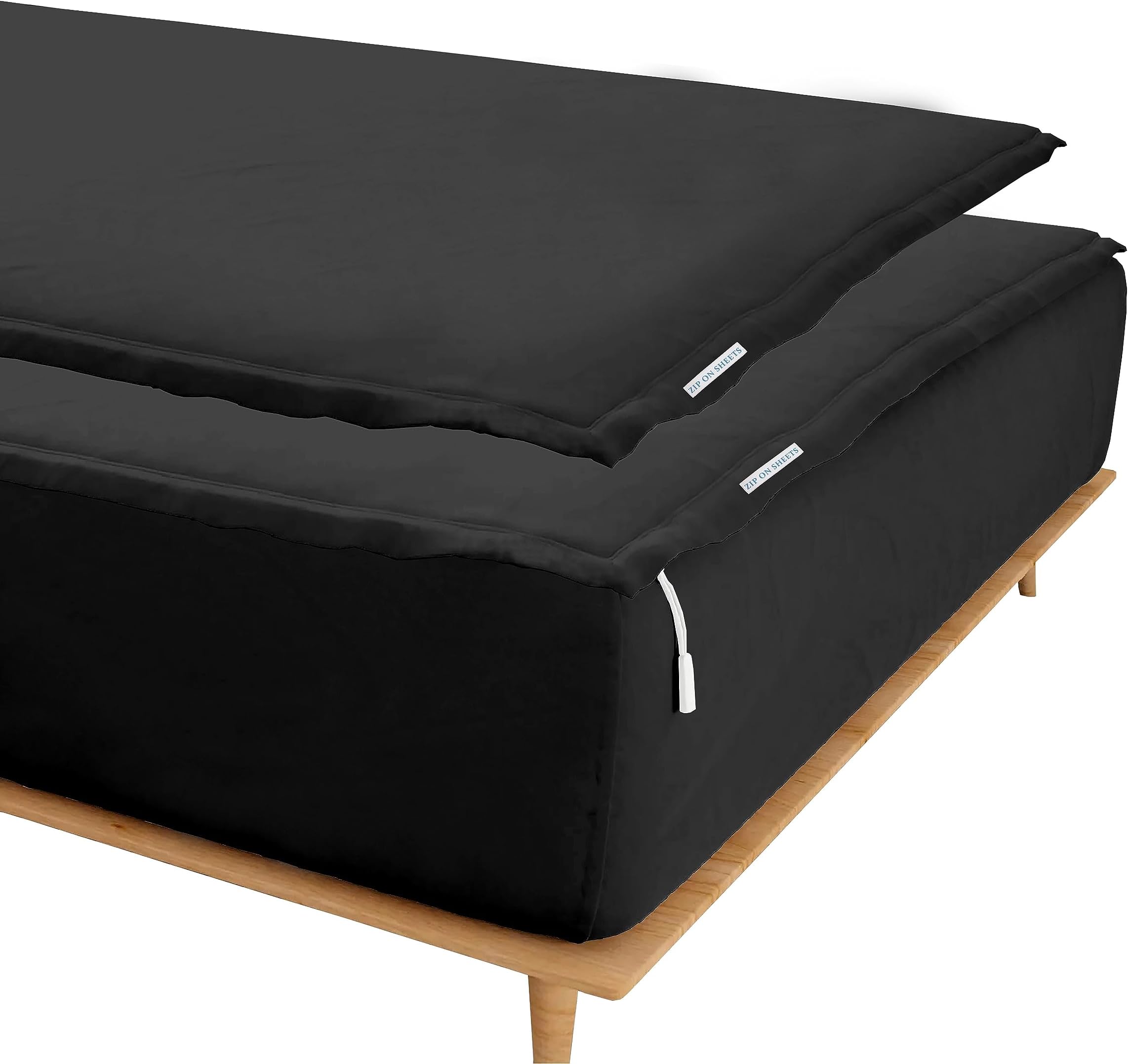 Zip On Sheets™ Zipper Fitted Sheet Full Size - Upto 16” Inch Deep Pockets - Includes 1 Fitted Sheet Base & 2 Zip-On Sheets - Easy to Use, Sateen Cotton 500 TC Fitted Sheet - Black