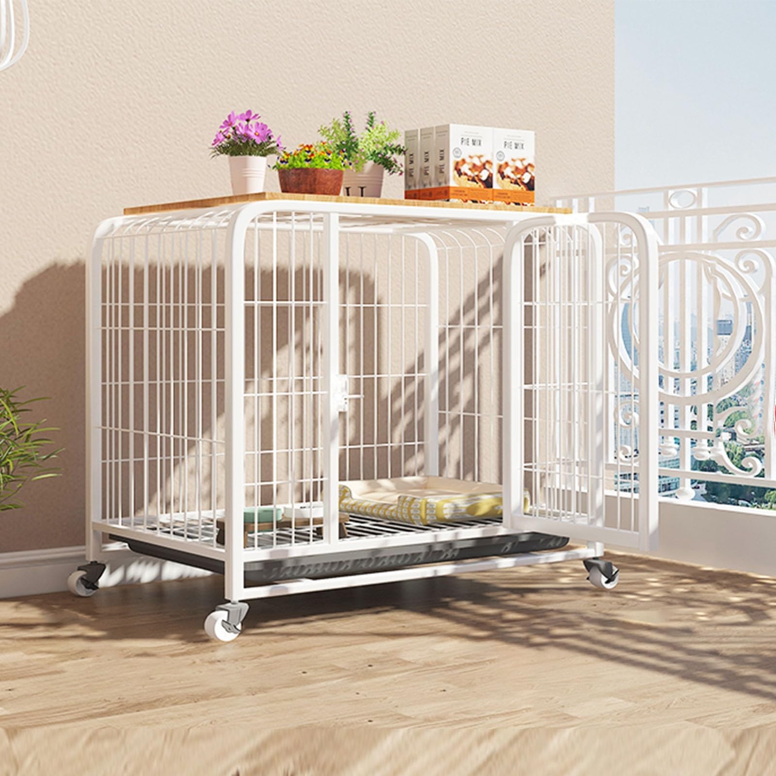 MNBVH Dog Crate Dog Kennel Pet Crate Dog Cage Portable Dog Crate With Wheels Prevent Escape Lock Tray Easy To Install For Puppy Small Medium Dogs Thickened Steel