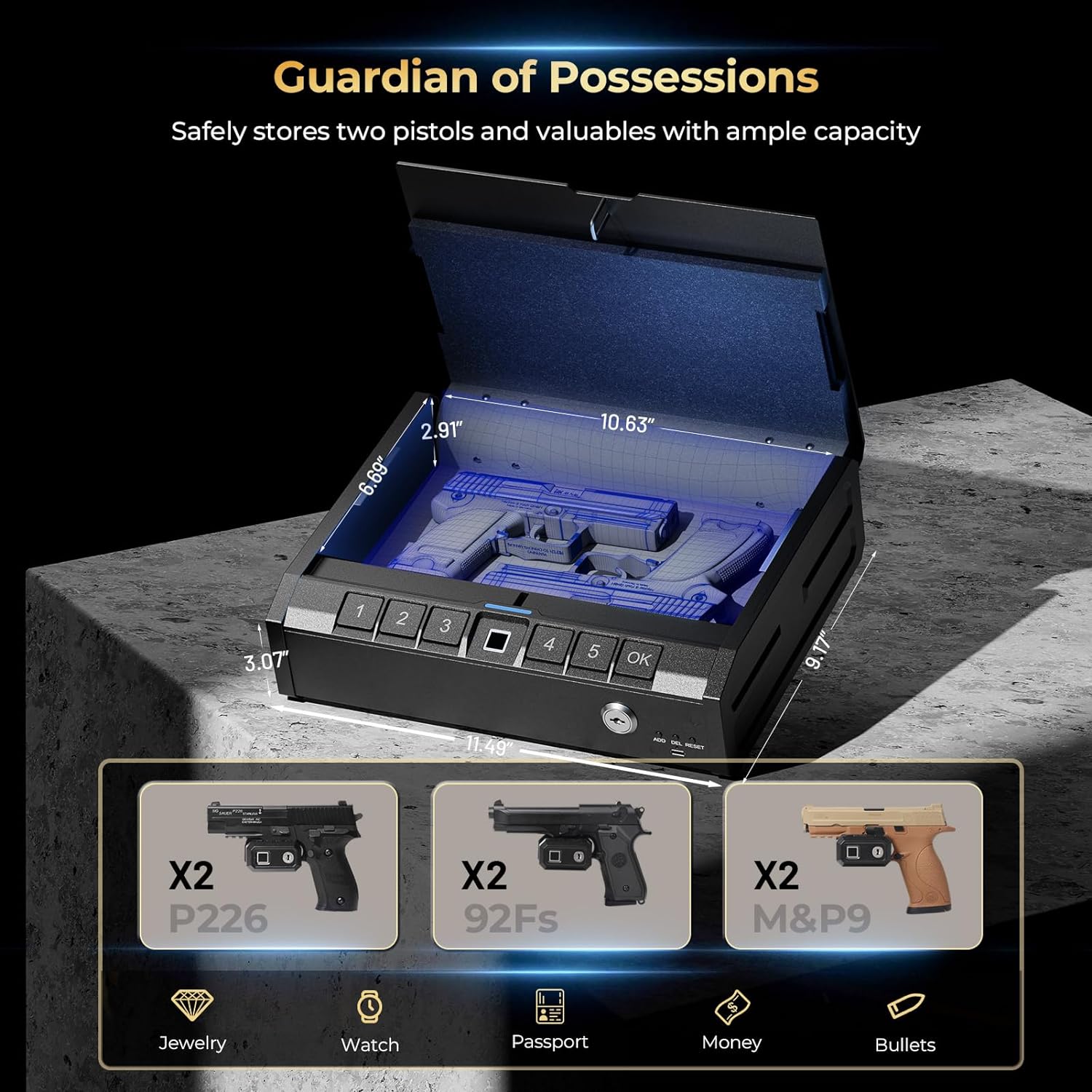 Image showing the dimensions of the ONNAIS Iron PRO safe and its capacity for two pistols and other valuables.
