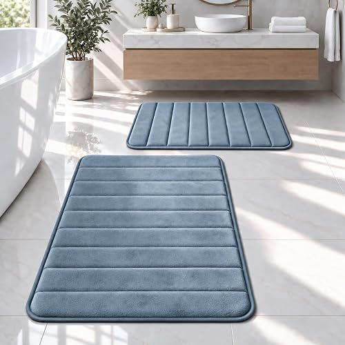 Dark Blue Bathroom Rugs Set 2 Piece Memory Foam