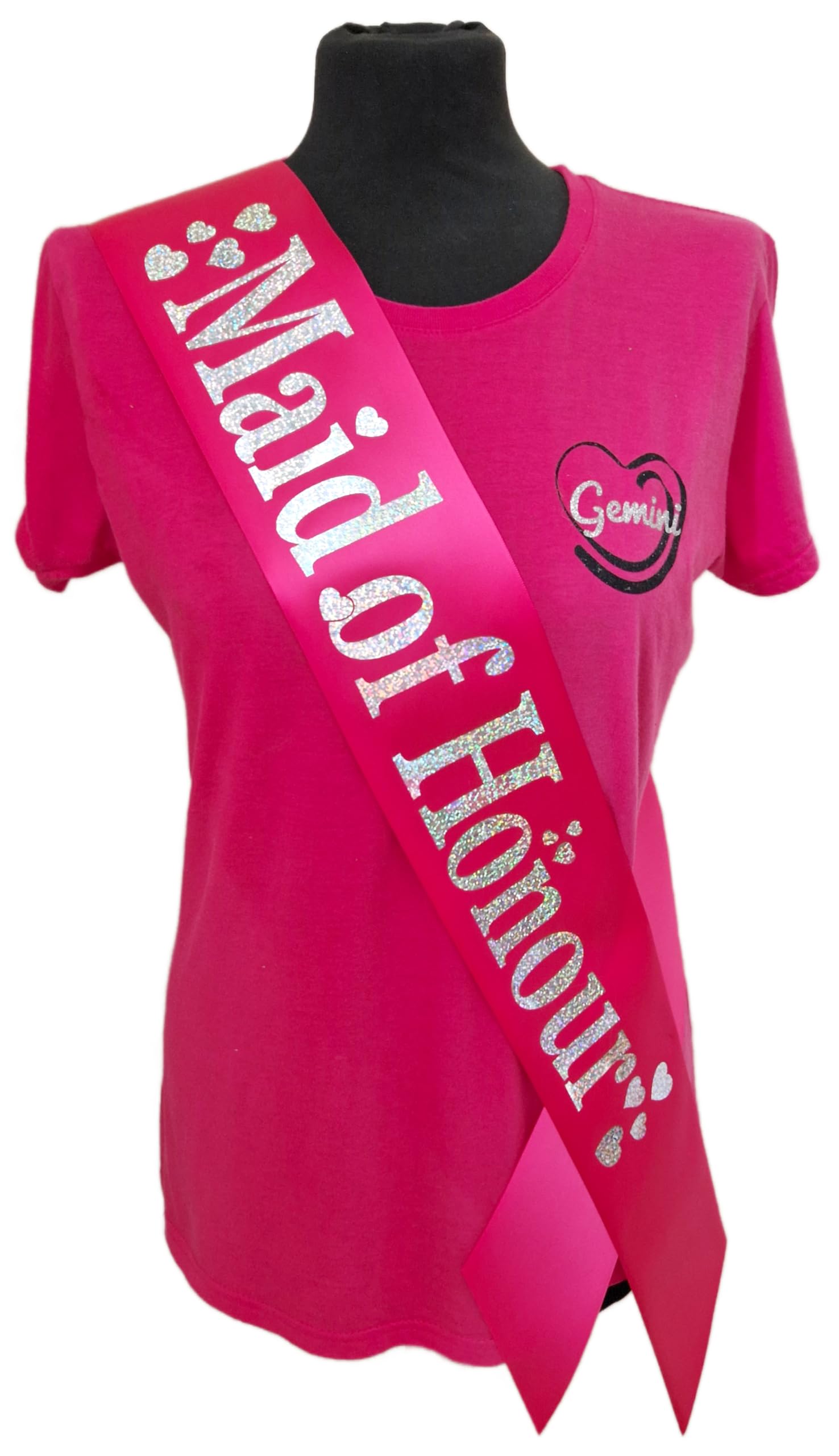 Hen Party Sashes - Beautiful fuchsia satin ribbon with silver holographic text and heat embelishments - Maid of Honour — image 1