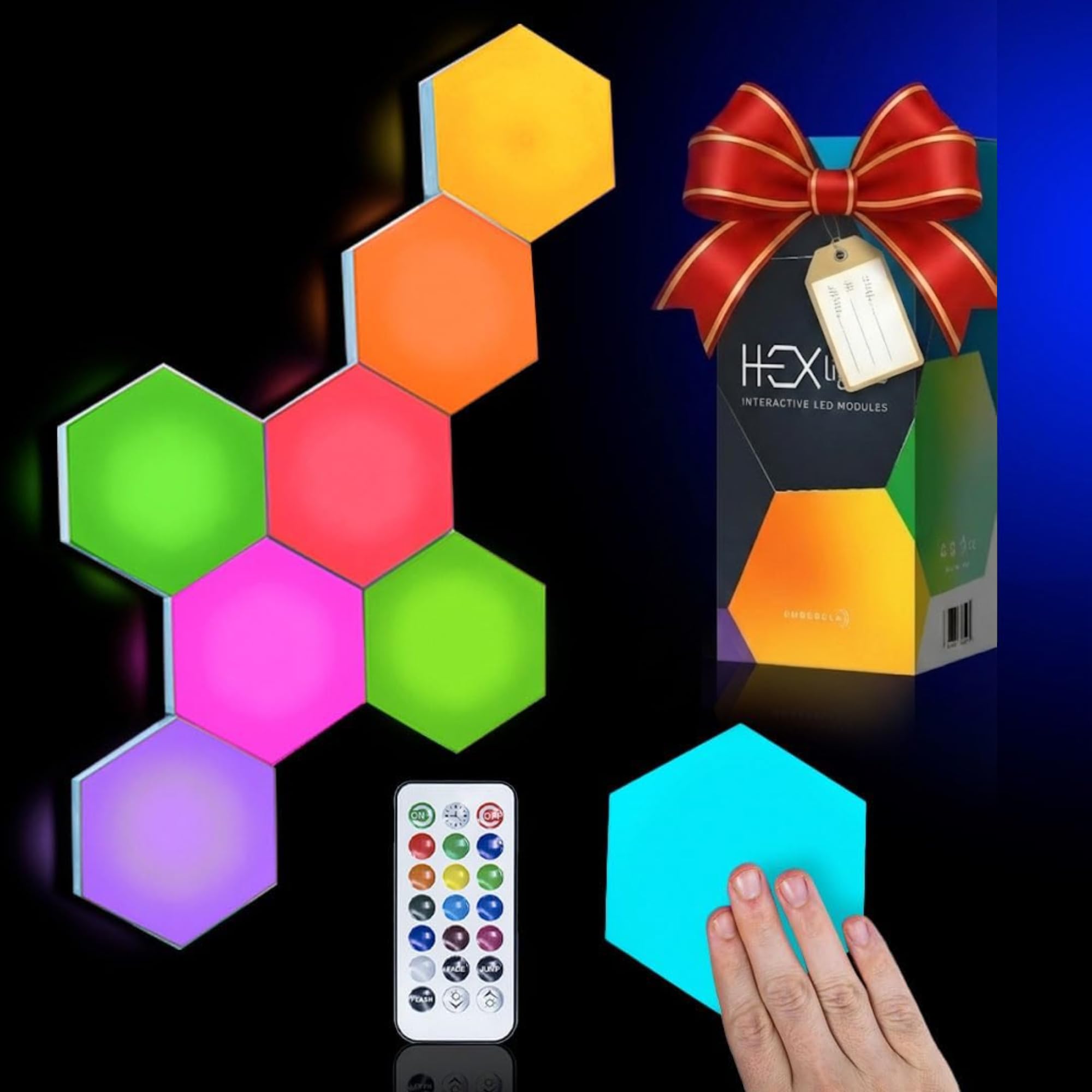 Emberela HEXlights 7-Pack Hexagon Light, Touch and Remote Controlled RGB Wall Panel, Hexagon LED Light Panel - Living Room, Bedroom, Game Room Decoration - Includes Stand for Table Top