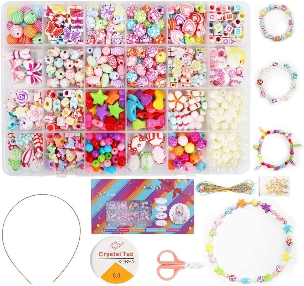 Children DIY Bead Set, 550pcs Pony Alphabet Pop Beads for Making Necklace Bracelet Ring, Art Craft & Jewellery Making Kit for Kids Girls Age 4 5 6 7 8, 24 Types