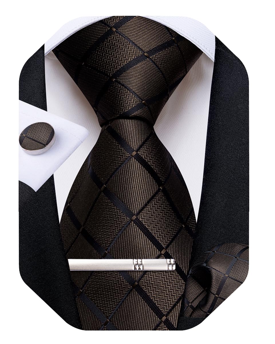 DiBanGu Mens Silk Plaid Tie and Pocket Square Set | Elegant Silk Formal Tie Set, Woven Check Necktie and Cufflinks Tie Clip Set, Perfect for Wedding Party, Comes in Gift Box