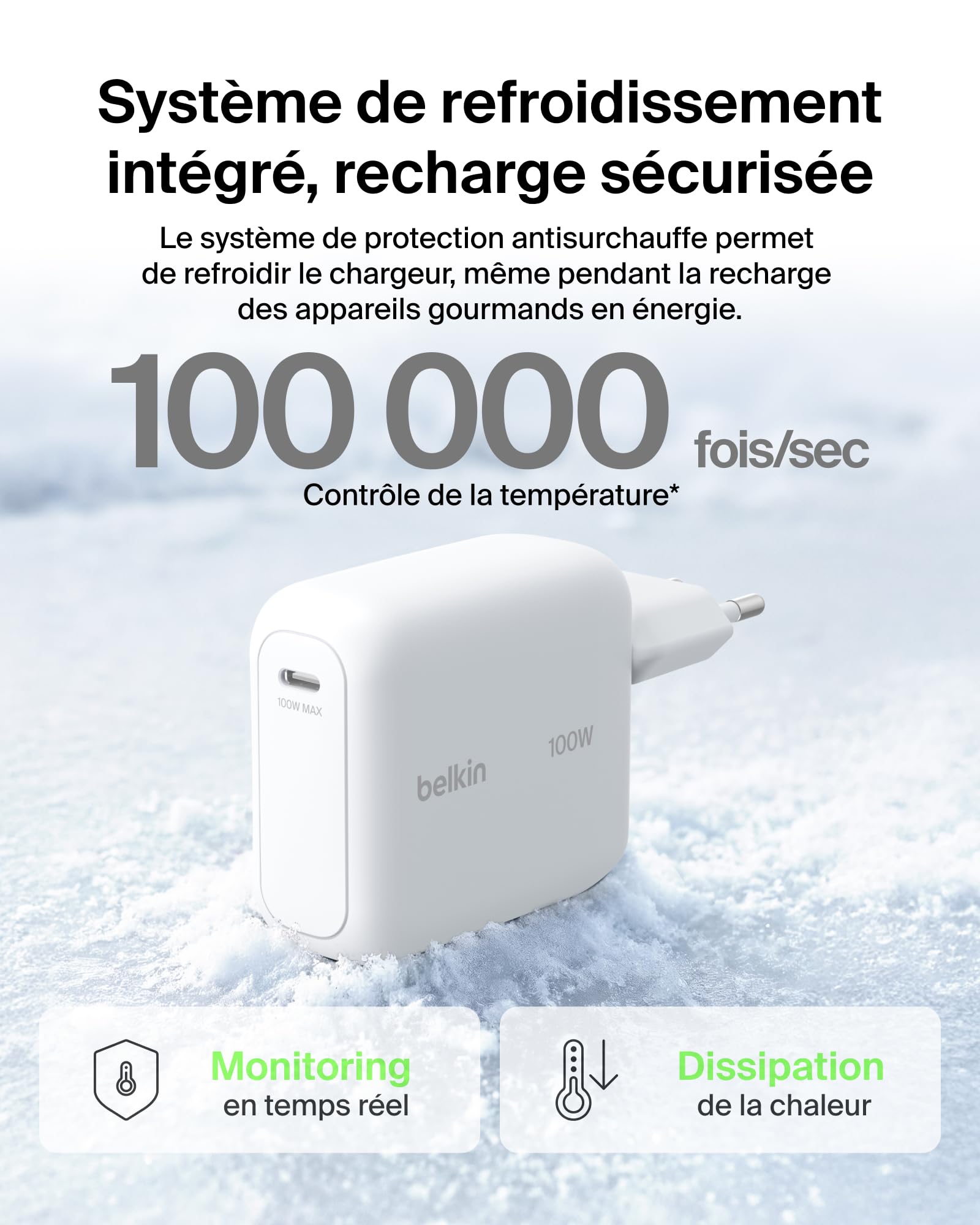 Belkin BoostCharge Chargeur Secteur GaN USB-C 100 W, Chargeur Compact Et Pliable, Recharge Rapide, pour iPhone 17, Samsung Galaxy S26, Pixel 10, Tablette, MacBook, Câble USB-C 1,5 m Fourni - Blanc