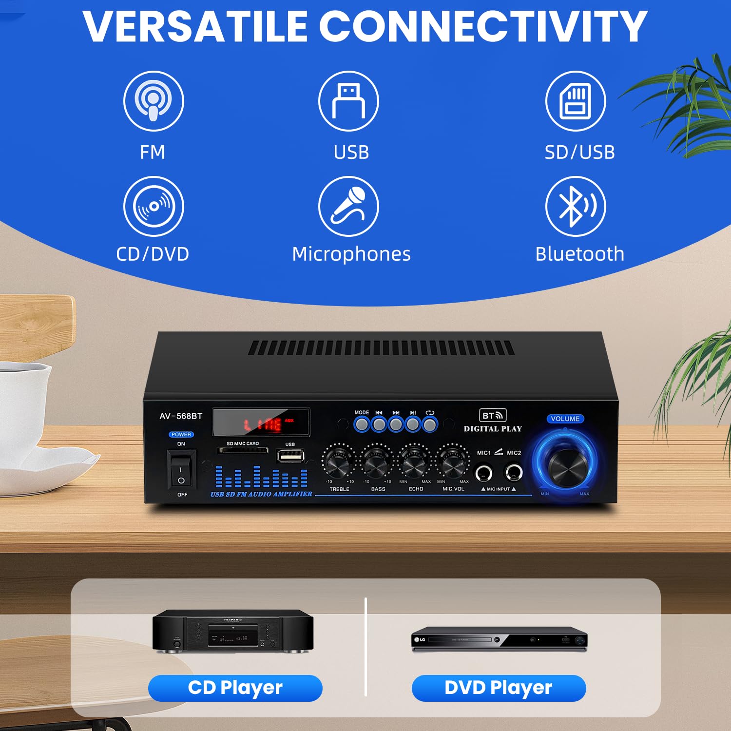1000W amplificateur hifi, 2 Canaux ampli Bluetooth 5.0 RMS 60 W X2 Stereo pour Les Enceintes Domestiques enceinte hifi avec Contrôle des Basses et des Aigus SD USB FM 12V / 220V avec Télécommande IR
