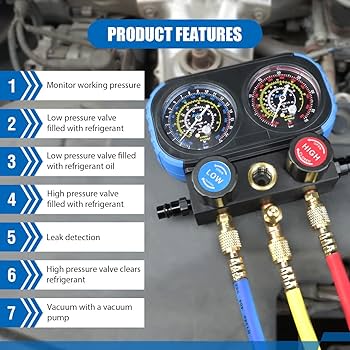Ac Gauge Set 50 Lbs CALPOSE 3 Way AC Gauge, AC Manifold Gauge Set For R134a R410a R12 R22 R502 Refrigerant, With 5FT Hoses, R410a Adapter, Puncturing & Self Sealing Can Tap