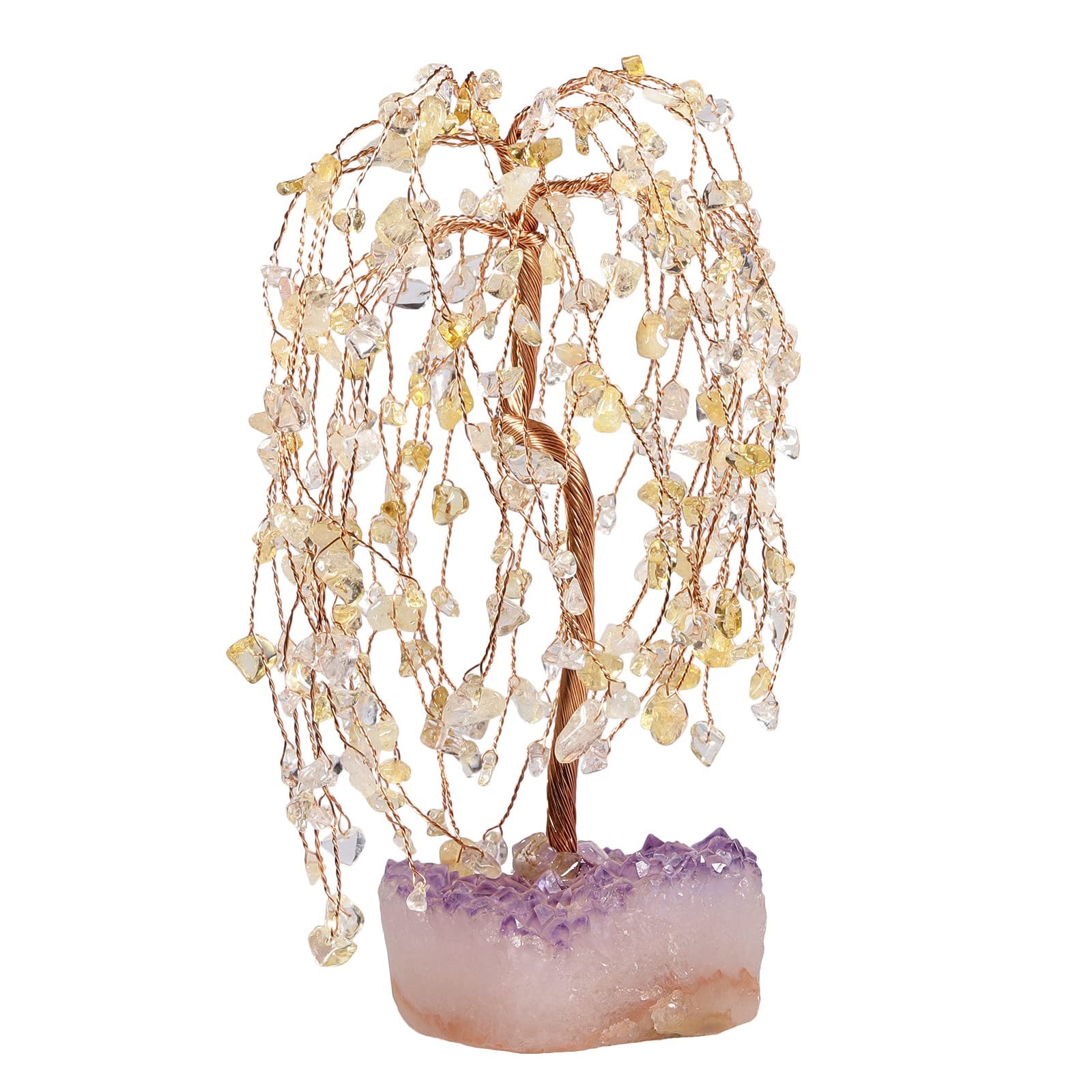 Samtree Willow Shaped Crystal Money Tree with Natural Amethyst Cluster Crystal Quartz Base, Feng Shui Bonsai Tree for Good Luck Wealth, Citrine