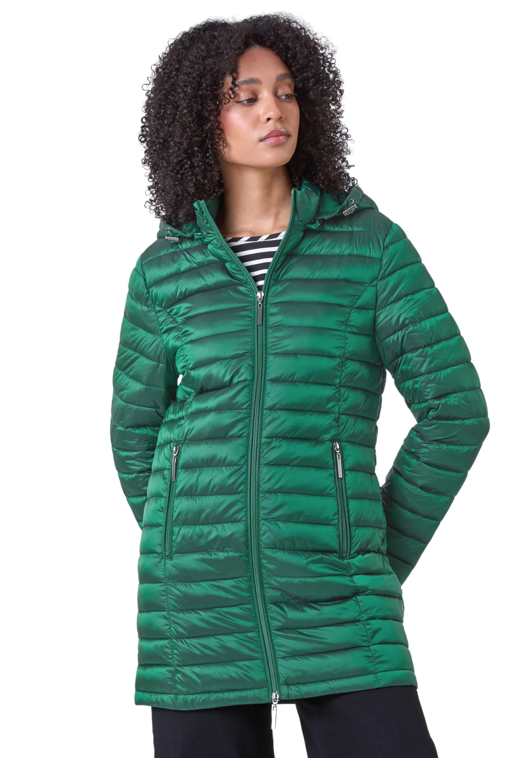 Roman Women's Green Longline Quilted Hooded Puffer Coat In Size 14