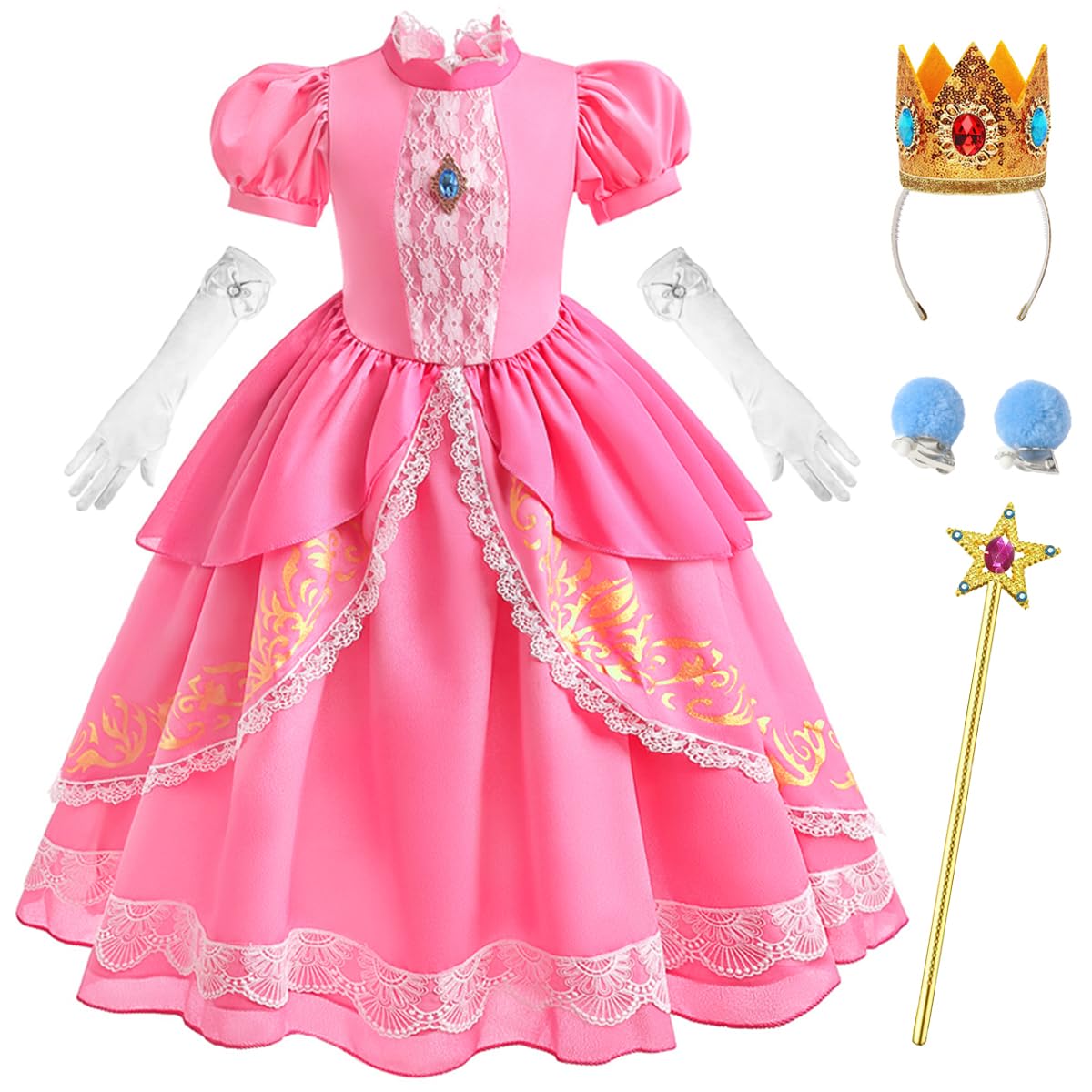 ZaisuiFun Peach Disfraz Niñas Difraces Vestido de Princesa con Accesorios Costume Rosa para Halloween Navidad Carnaval Cumpleaños