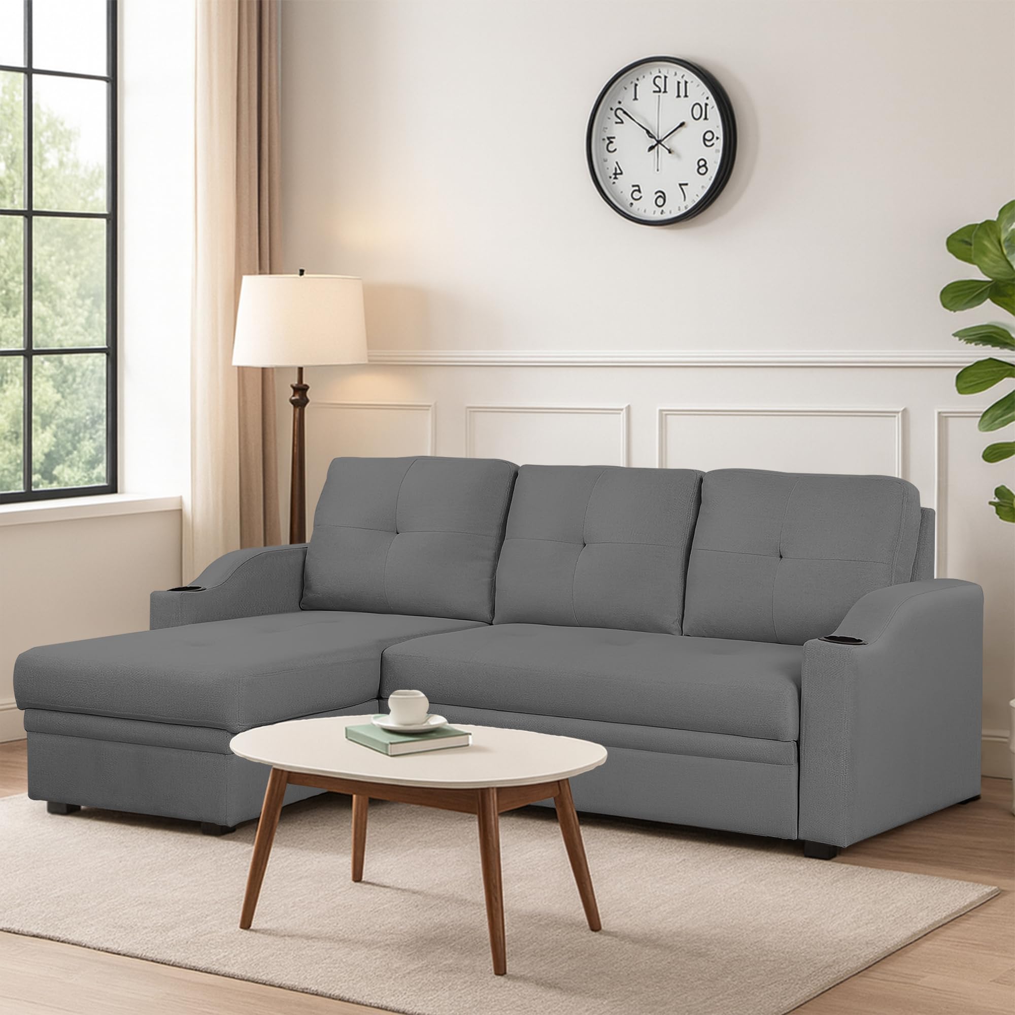 Casaliving Ravonna LHS 4 Seater L Shape Corner Sofa Cum Bed for Living Room (Dark Grey Fabric) Premium Fabric Sofa-picture-34