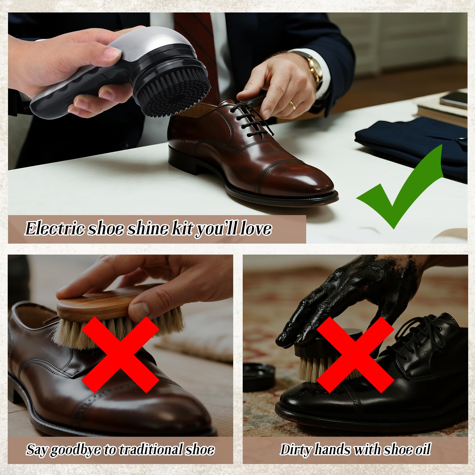 Brosse à Chaussures électrique - Ensemble de 5 Têtes de Brosse Multifonctions pour Chaussures, Sacs, Canapés, Voitures et Ceintures en Cuir - Batterie ou Prise EU 220V - Noir