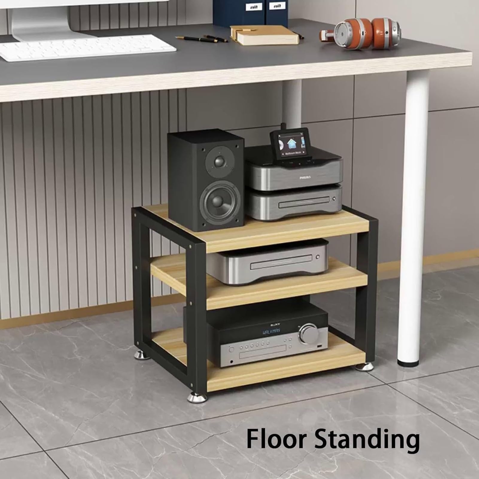 Moderno estante de almacenamiento de audio y video de 3 niveles, elegante torre para el hogar y la oficina, componentes de alta fidelidad, gabinete DJ/soporte de teatro (color: C, tamaño: 40 x 35 x