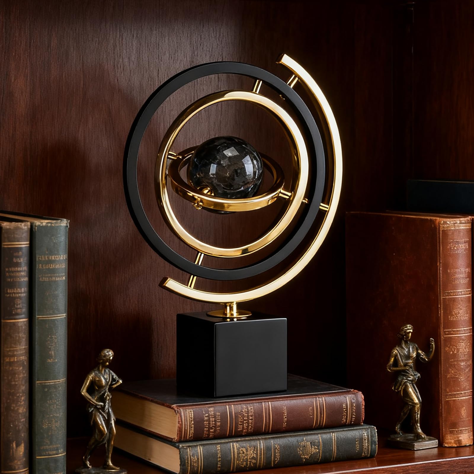 Decorazione Sculture Moderne in Metallo, Sculture di Arte Astratta a Globo Girevole con Supporto Rettangolare, Statua per Scrivania, Libreria e Soggiorno, Nero e Oro