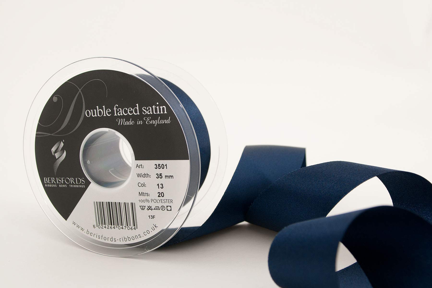 Berisfords Double Satin Ribbon, Navy, 35 mm x 20 m