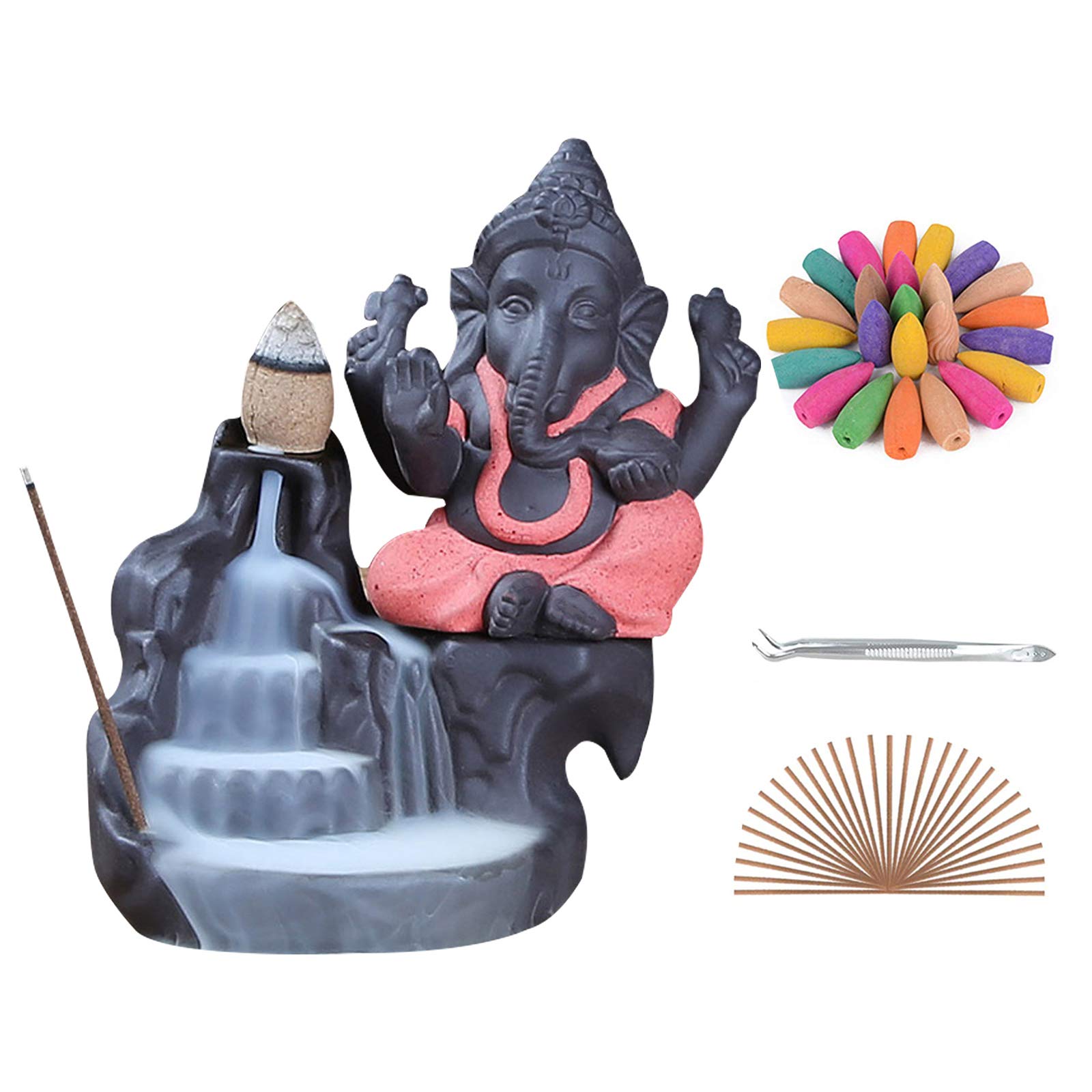 SURPRIZON Ceramic Waterfall Backflow Incense Burner Mountain Incense Holders with 70 Backflow Incense Cones + 20 Incense Stick for Home Office Yoga Aromatcherapy Ornamen (Red)
