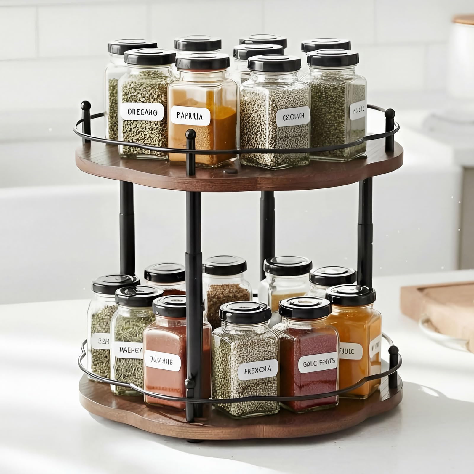 Lazy Susan Portaspezie a 2 ripiani, regolabile in altezza, girevole, per armadio, cucina, piano di lavoro, dispensa, in legno, compatto, 30,5 cm