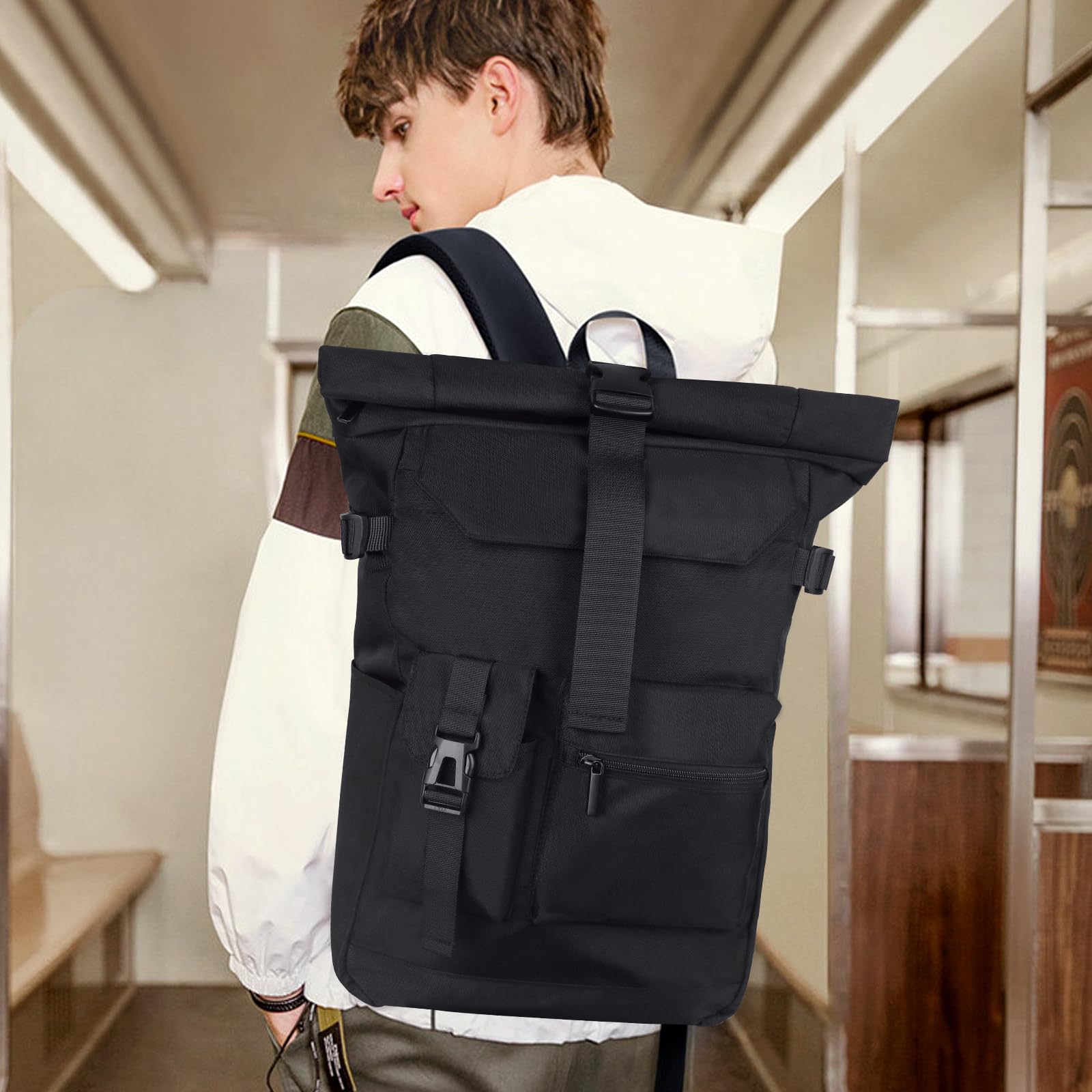 Rolltop plecak wodoszczelny, duży plecak dla mężczyzn i kobiet, Plecak zwijany z kieszenią na laptopa o przekątnej ekranu 17,3", plecak podróżny, plecak turystyczny, do pracy(Czarny) (czarny)