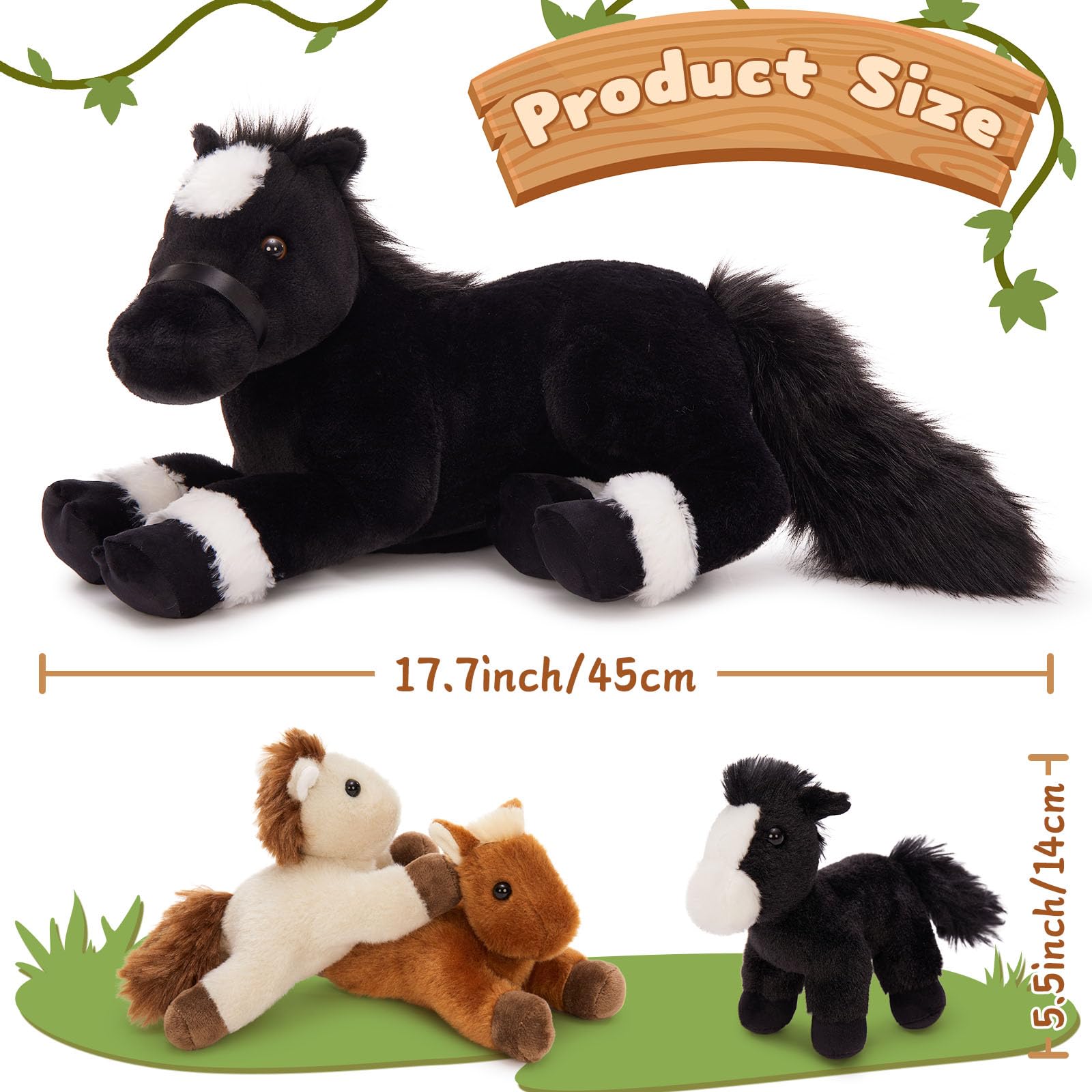 MorisMos Black Horse Teddy with Babies inside, Lifelike Cuddly Horses Pony Stuffed Animal Plush Soft Toys, Kawaii Presents for Kids Girls Boys Birthday Party Decoration (45cm) — view 3