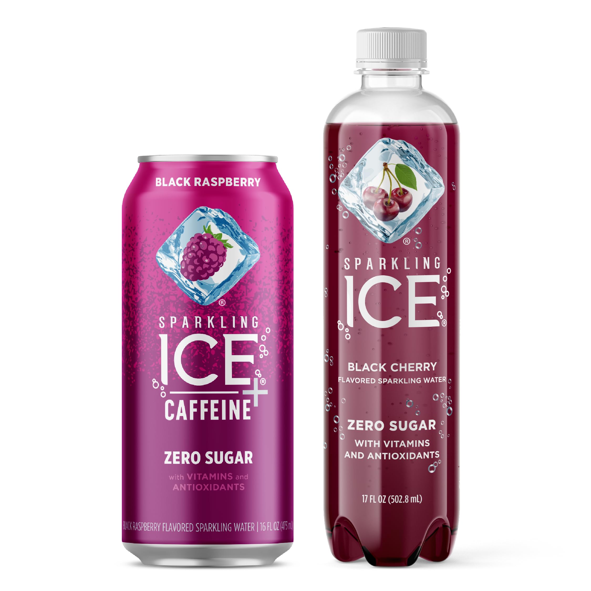 Sparkling Ice +Caffeine Black Raspberry Sparkling Water (Pack of 12) and Sparkling Ice Black Cherry Sparkling Water (Pack of 12)
