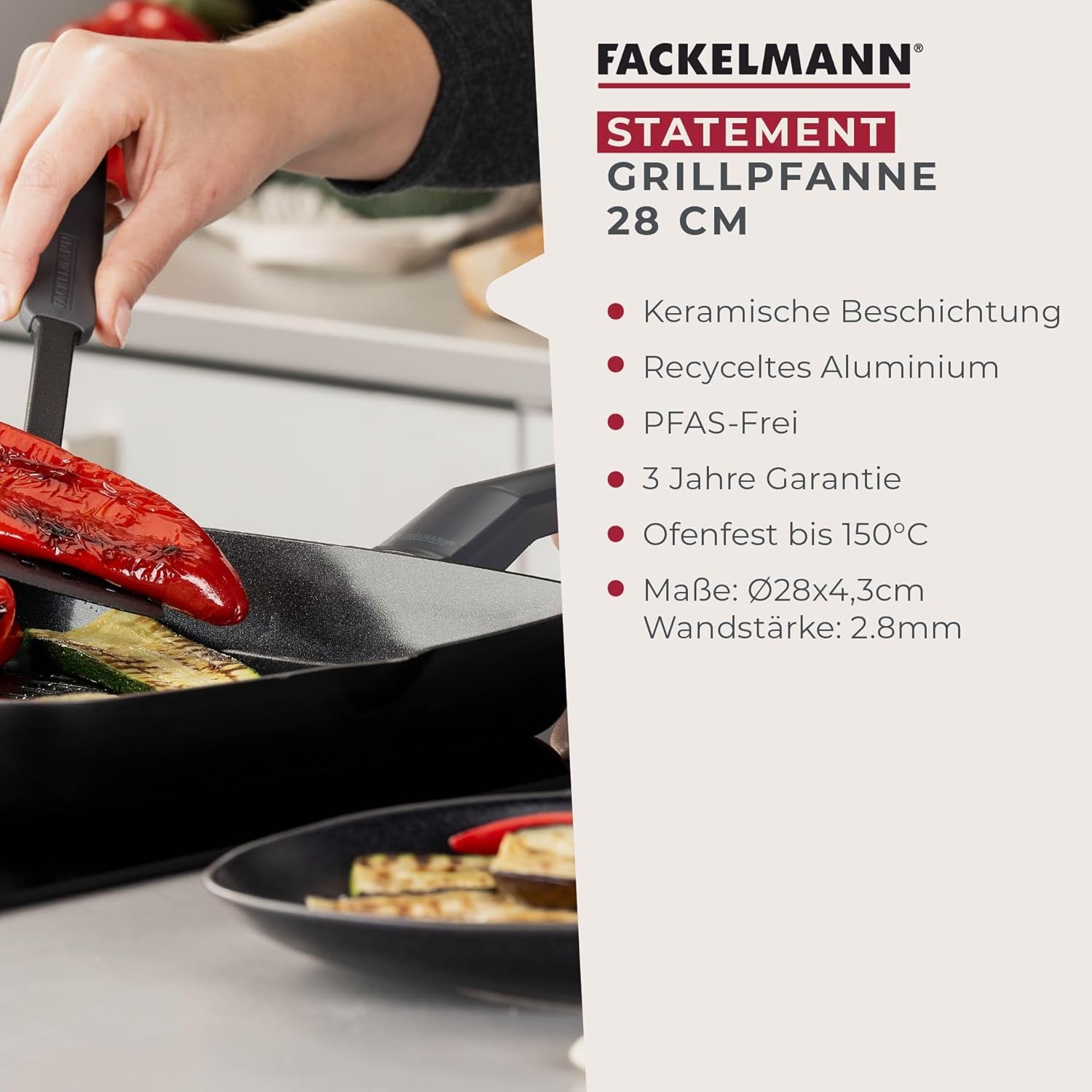 Fackelmann STATEMENT 28cm Grill Frying Pan, Recycled Aluminium, Non-Stick PFAS Free Ceramic Coating, Grill Line Base Structure, Comfort Grip Handle, All Stoves Including Induction,47x28x4.3cm,Ash Grey