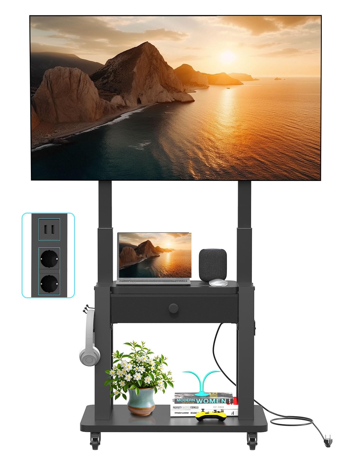 Soporte de TV, Toma de Corriente y cajón de Tela, para TV Planas/Curvas de 32-75", soporta hasta 100 kg, Carro móvil TV con Ruedas y Altura Ajustable, para hogar y Oficina. VESA máx 600 x 400mm Negro