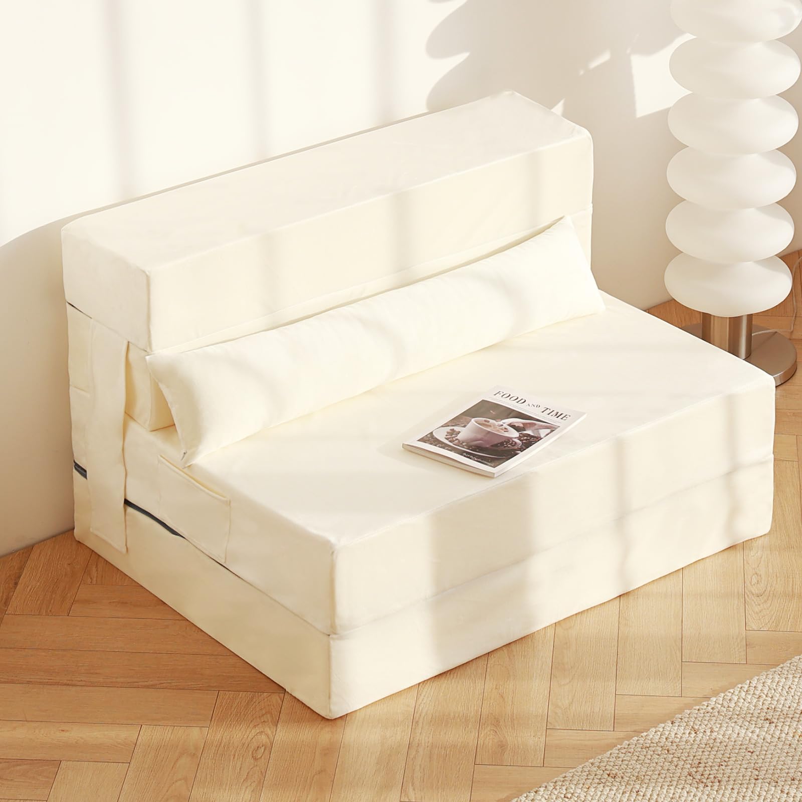 Tiita Folding Sofa Bed Couch, Twin Size Foldable Futon Chair with Pillow, Folding Sleeper Sofa Chair Floor Mattress for Guest Room, Living Room, Beige