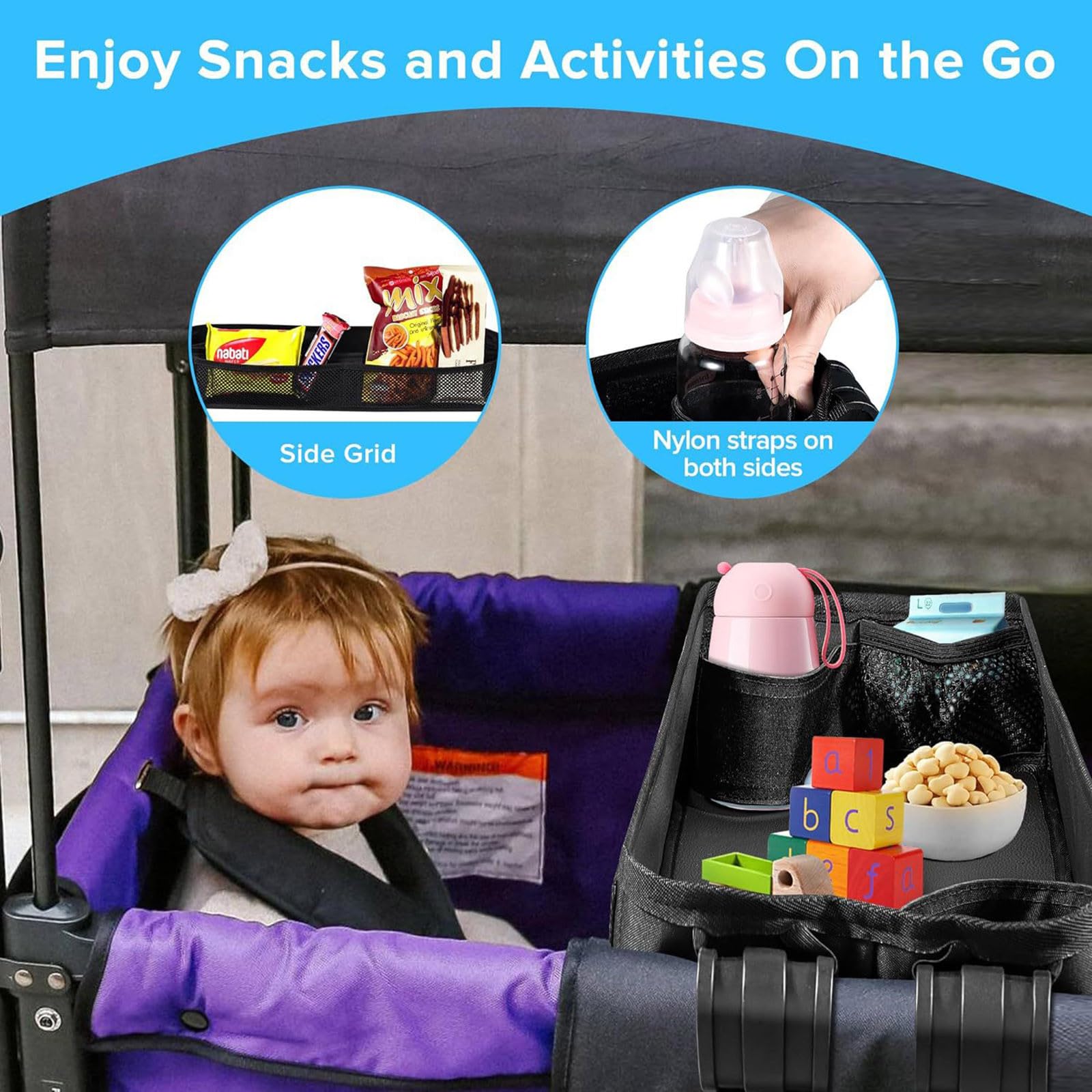 Kinderwagen Tablett, Kinderwagen Snack Tray Kinderwagen, Abnehmbarer Kinderwagen-Zubehör, Wasserabweisende Kunstlederseiten und seitliche Netztaschen (M)