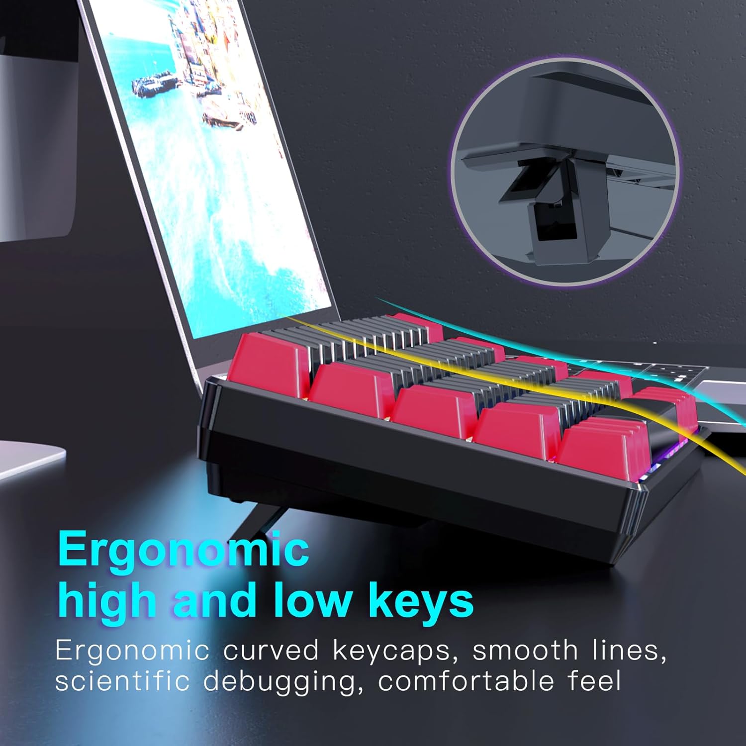 Akụkụ profile of the RAZEAK keyboard showing the ergonomic curve of the keycaps and adjustable feet.