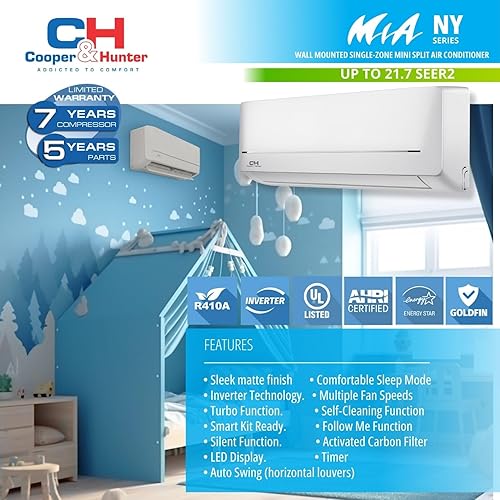Miniatura 8 de Cooper &amp; Hunter 6,000 BTU, 115 V, 21.5 SEER2 Sistema de aire acondicionado y calefacción Mini Split Serie MIA Bomba de calor inversor precargada con