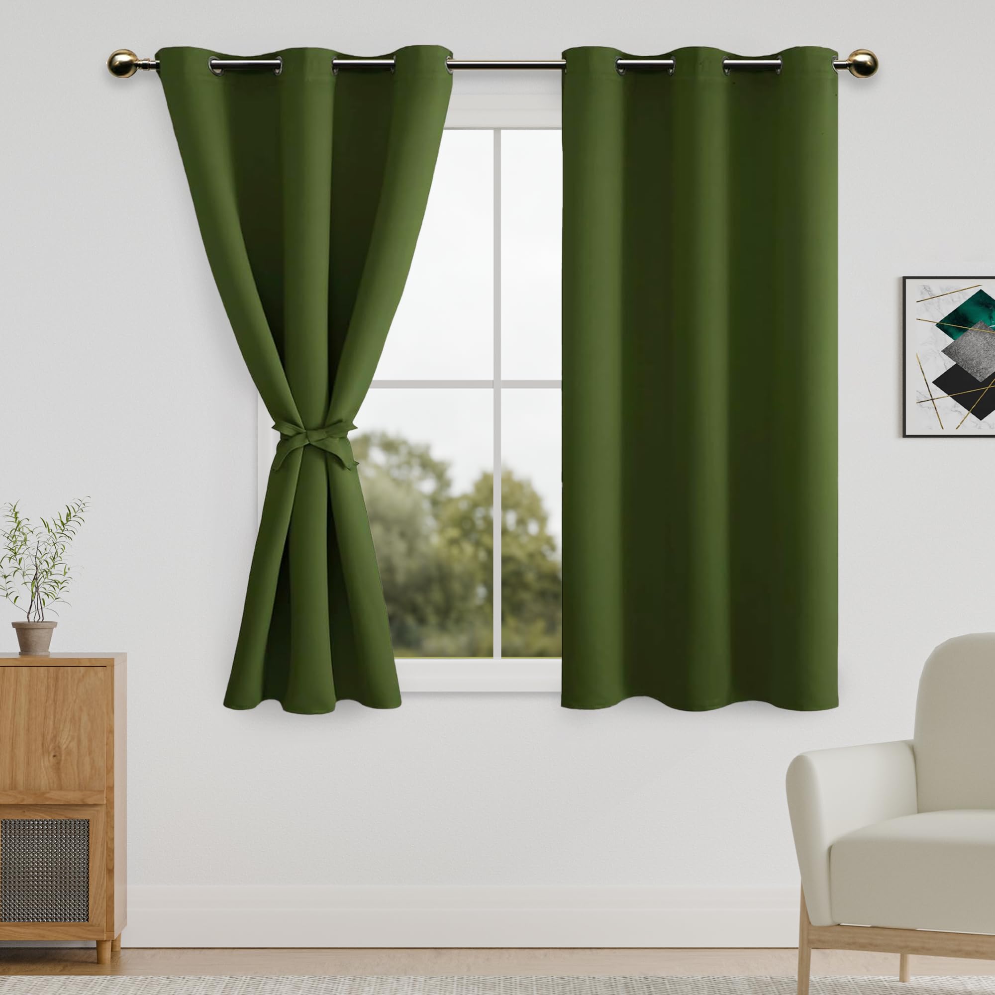 DWCN Blackout Curtains for Bedroom with Tiebacks - Christmas Room Darkening Privacy Grommet Top Window Curtains for Living Room, 38 x 45 inch Length,Olive Green,Set of 2 Panels — image 1