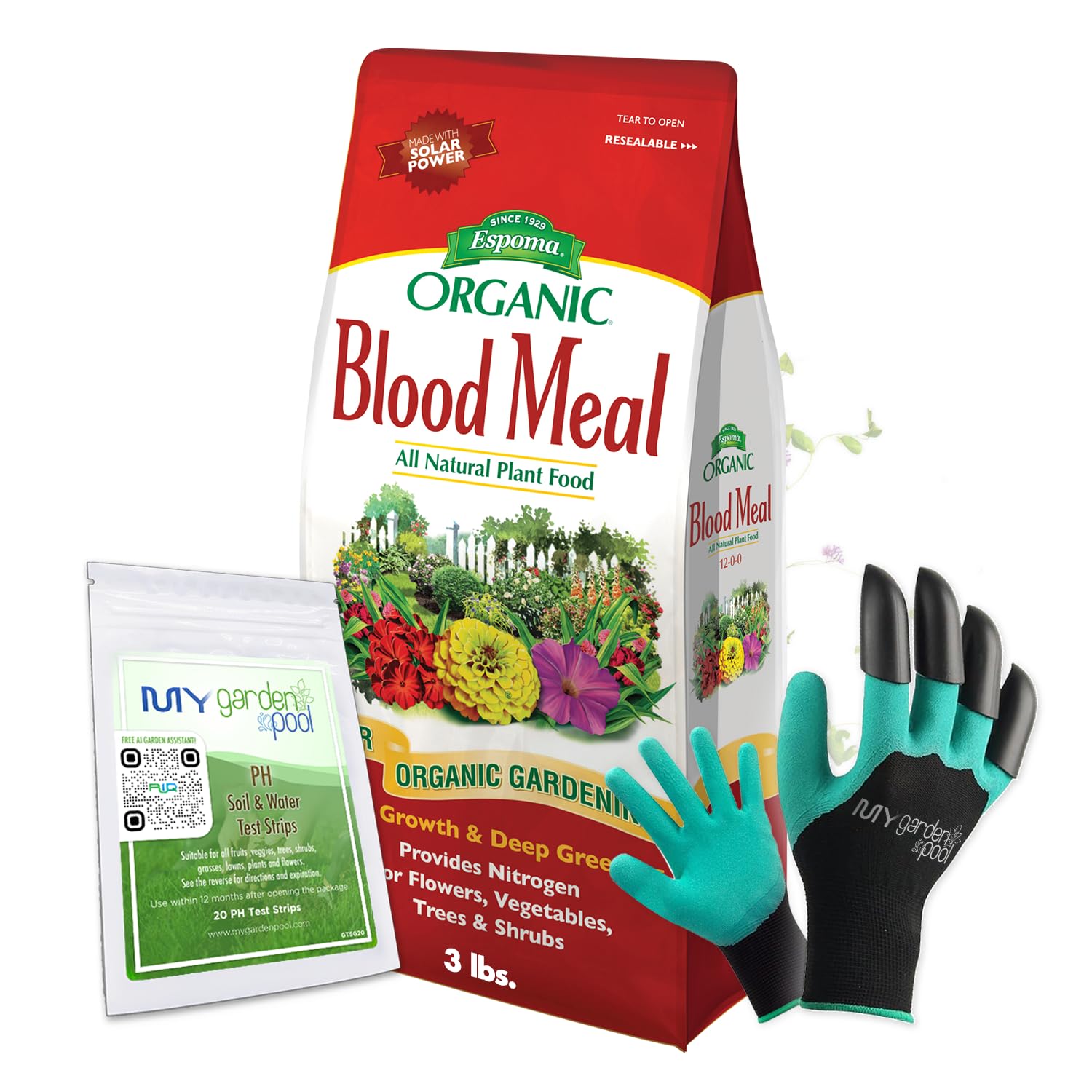 Espoma DB03 Blood Meal 3 lb. with My Garden Pool PH Soil Test Strips 20 ct, and My Garden Pool Superior Gardening Claw Gloves and Garden-IQ, Smart Gardening AI Assistant!