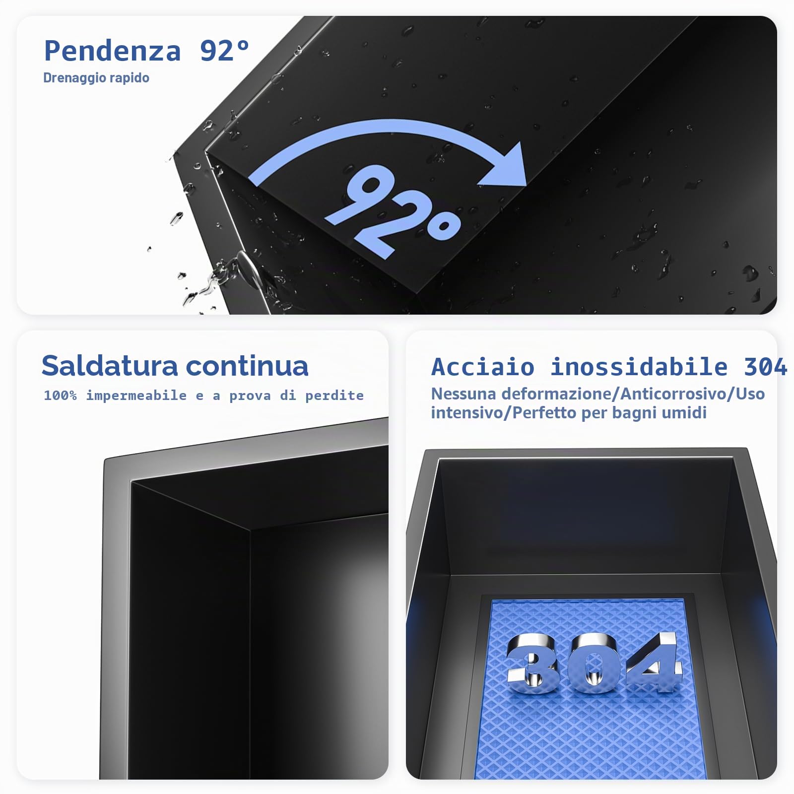 Nicchia per doccia a parete in acciaio inox con LED, a incasso, a doppio strato, 60 cm x 30 cm, non sono necessarie piastrelle, colore: nero