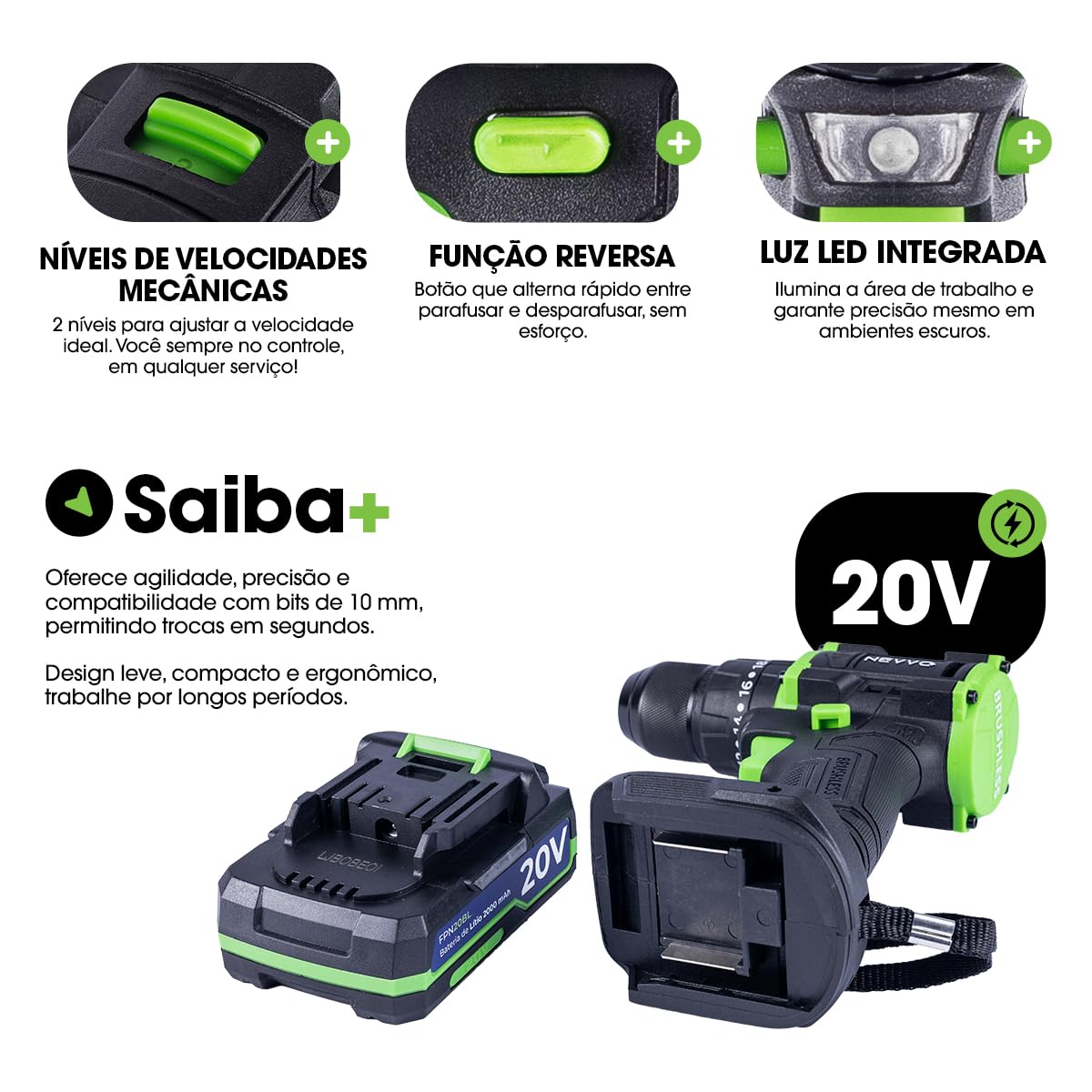 Furadeira de Impacto Brushless 20V 3/8 1800Rpm 75Nm 20 Níveis