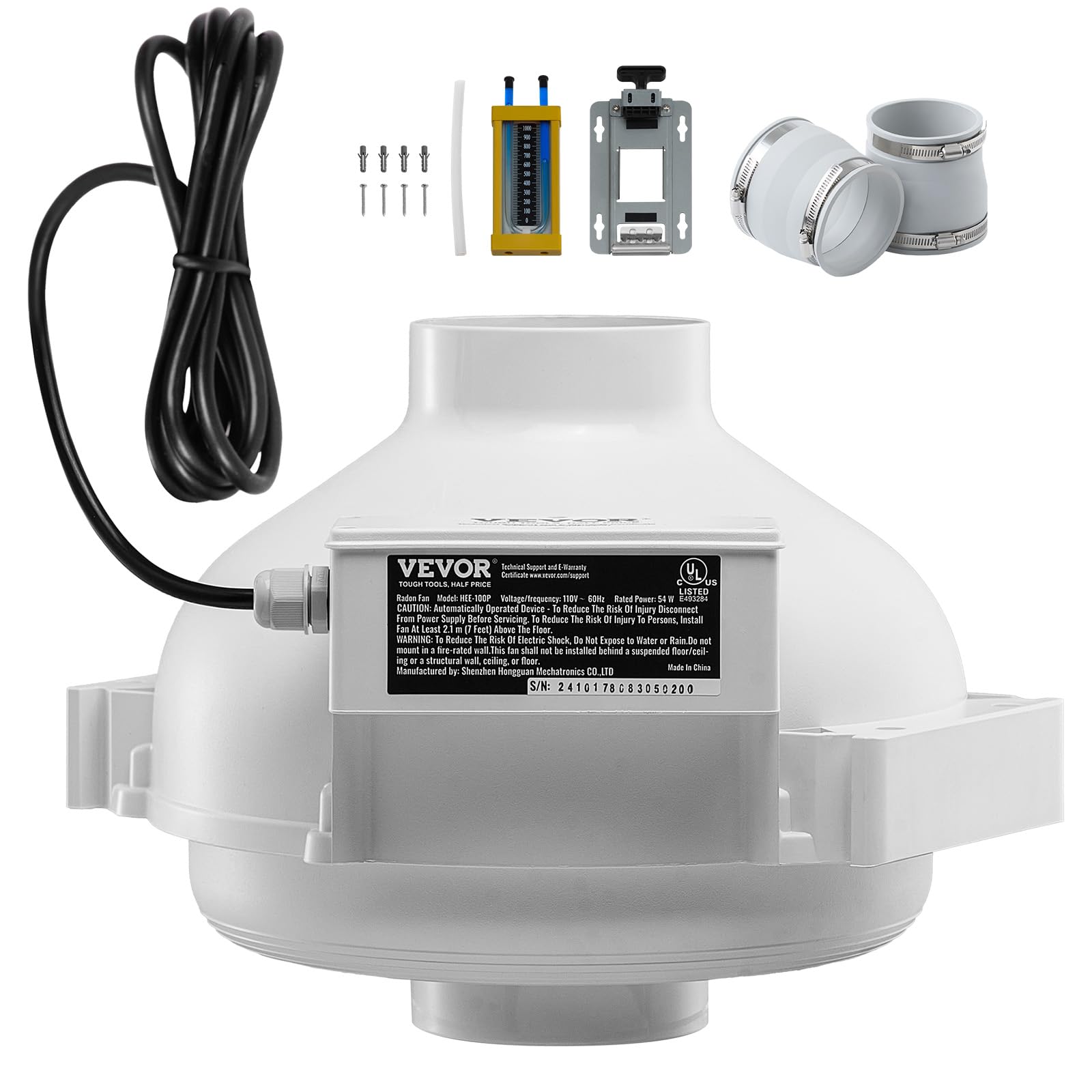 VEVOR Kit de Instalación de Ventilador de Mitigación Radón Silencioso 260 CFM con 2 Acopladores, Indicador de Presión, Ventilador de Extracción para Ventilación Interior y Exterior, 305 x 320 x 235 mm