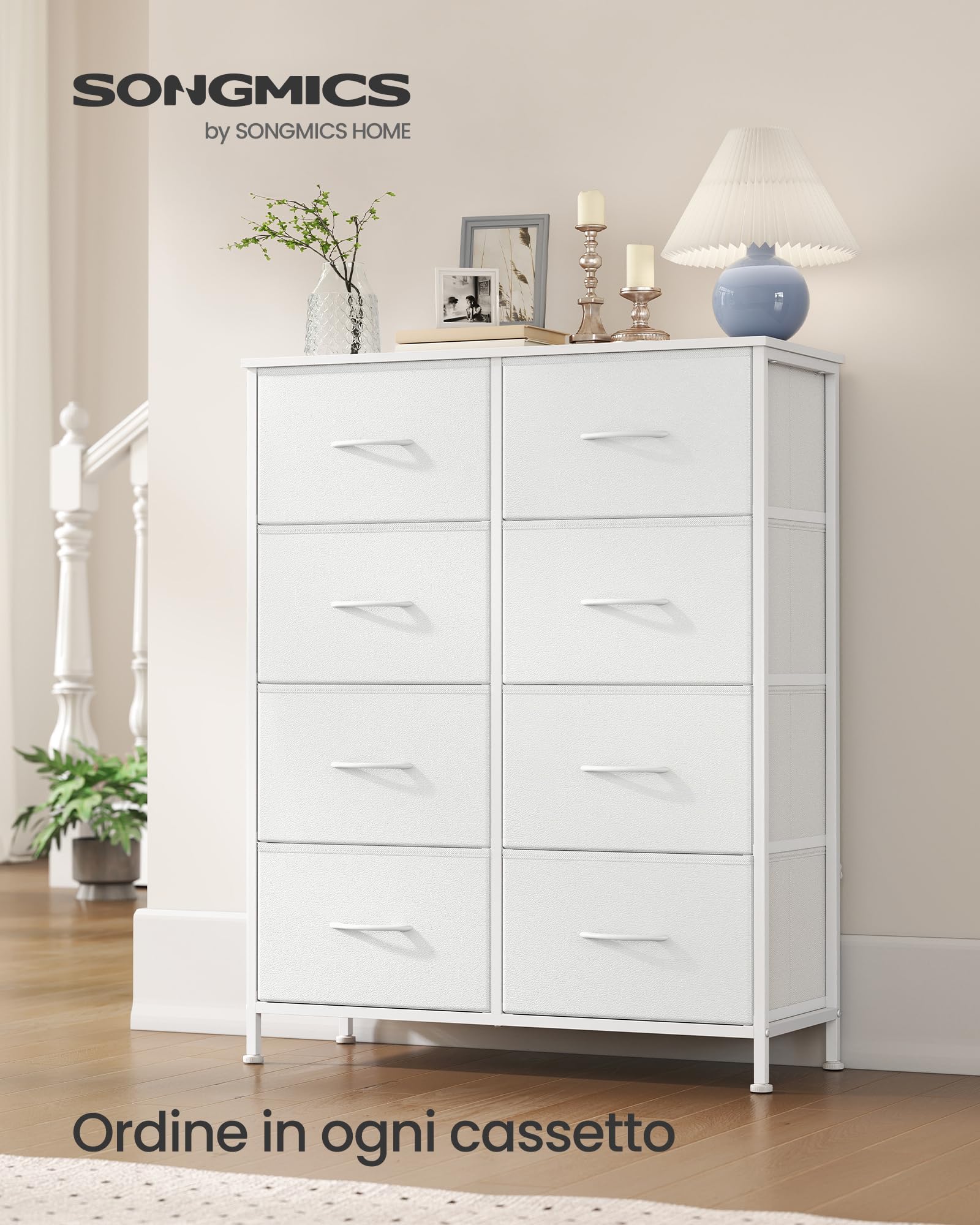 SONGMICS BELLAH Collezione - Cassettiera, 8 Cassetti in Tessuto, Acciaio, MDF, Tessuto Non Tessuto, per Camera da Letto, Armadio, Ingresso, Soggiorno, Bianco Nuvola e Bianco Neve LGS124WH01