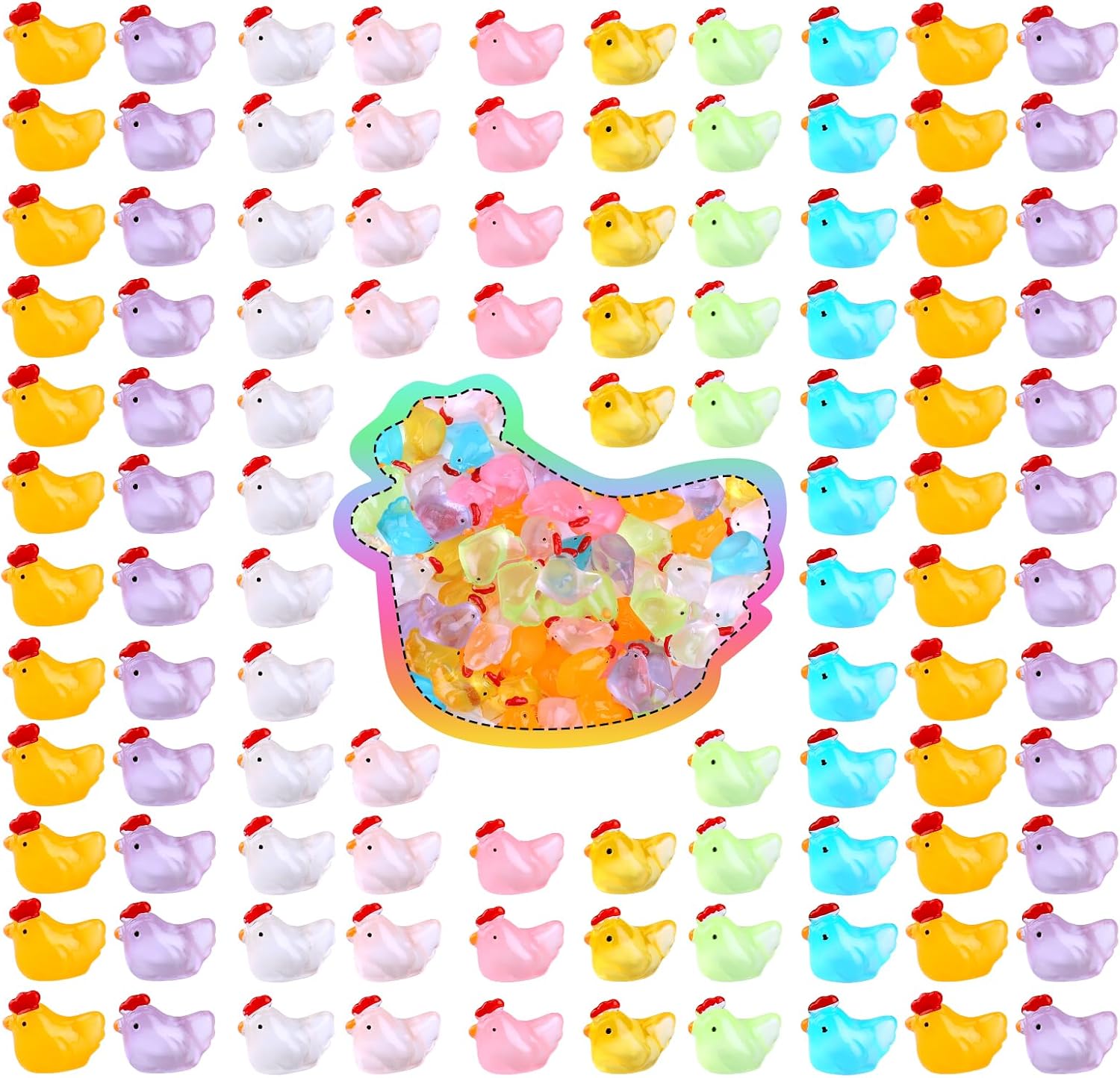 120 Pcs Luminous Mini Hens Figurines Glow in The Dark Tiny Resin Cute Chicken Miniature Ornament Charms for Dollhouse Fairy Garden Potted Room Home Decor
