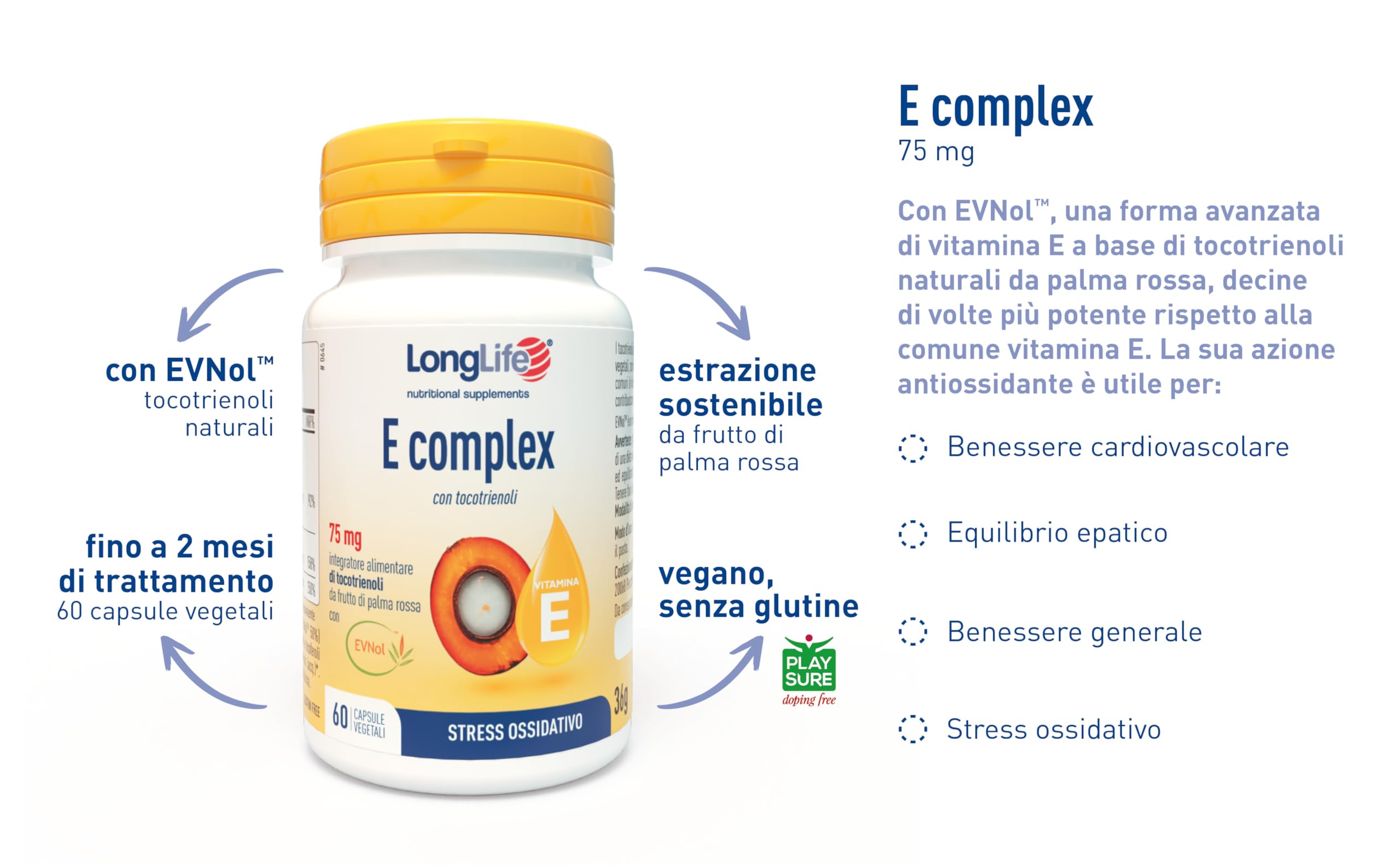 LongLife® E Complex | Tocotrienoli naturali ad alta biodisponibilità (EVNol™) | Da frutto di palma rossa | Funzione Antiossidante | Fino a 2 mesi di trattamento | Vegano e senza glutine