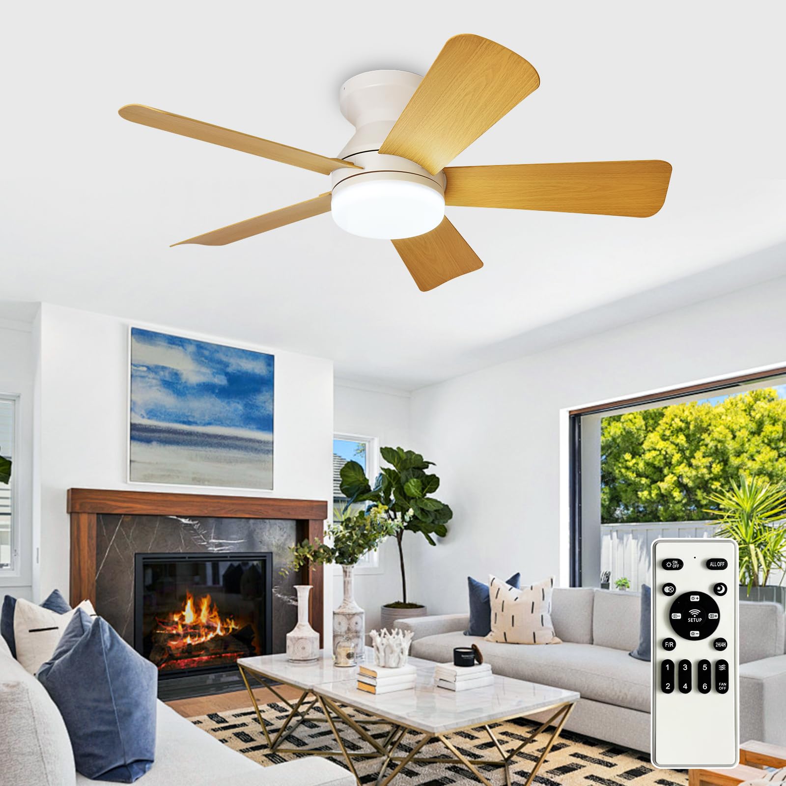Depuley Modern Ceiling Fan with Light: 35-Inch White Small Fans for Bedroom Indoor Outdoor - Dimmable Flush Mount Low Profile Ceiling Fans with Remote Control 5 Reversible Grainy Blades 6 Speeds Timer