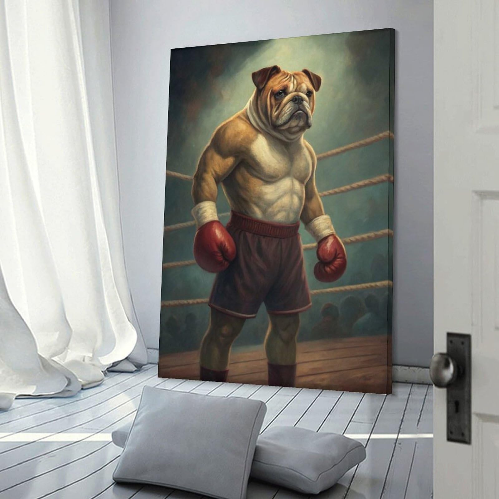 Junmoney Canvas Wall Decor Bulldog Boxer in Ring, 20x30inch(50x75cm), for Restful Interiors, Bedrooms Or Small Rooms, Canvas Wall Decor for Personal Spaces