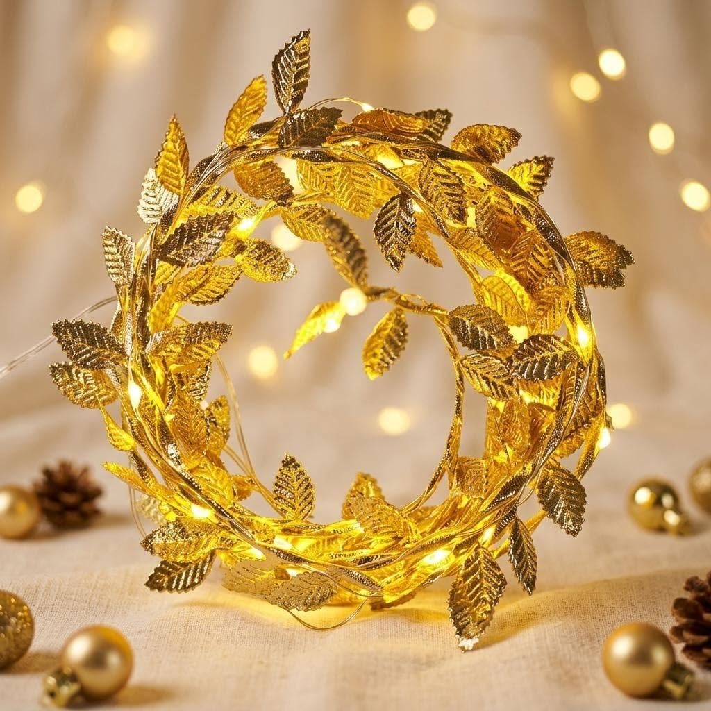 Hhmtaka Women's Gold 5M 50 Led Vines With Fairy Lights Battery Operated Ivy Fairy Lights Warm White Garland Light For Home Kitchen Garden Office Wedding Wall Decor (Gold)