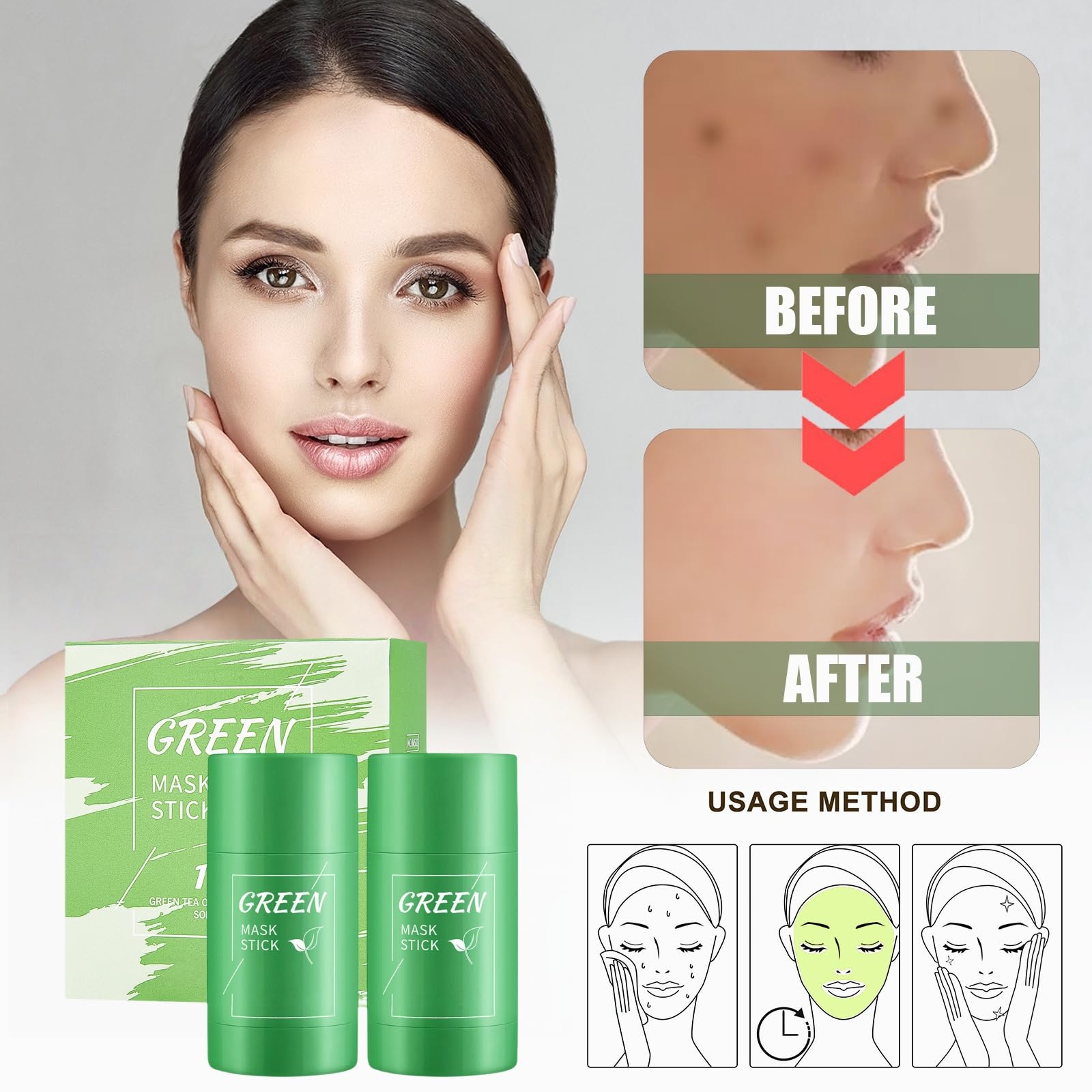 2PCS Green Tea Mask Stick,Green Tea Deep Cleanse Mask Stick,Cleansing Purifying Clay Mask,Moisturizing,Oil Control,Deep Clean Pore,Face Moisturizing,for All Kind Skin Type Women Men,Clay Face Mask - Image 4